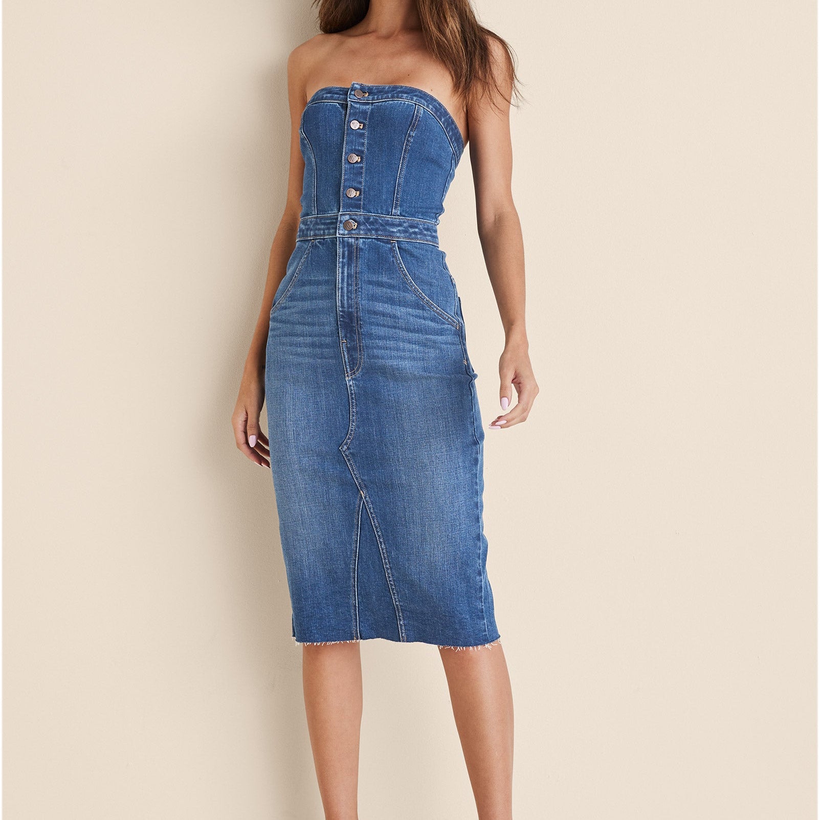 Denim Strapless Midi Elbise