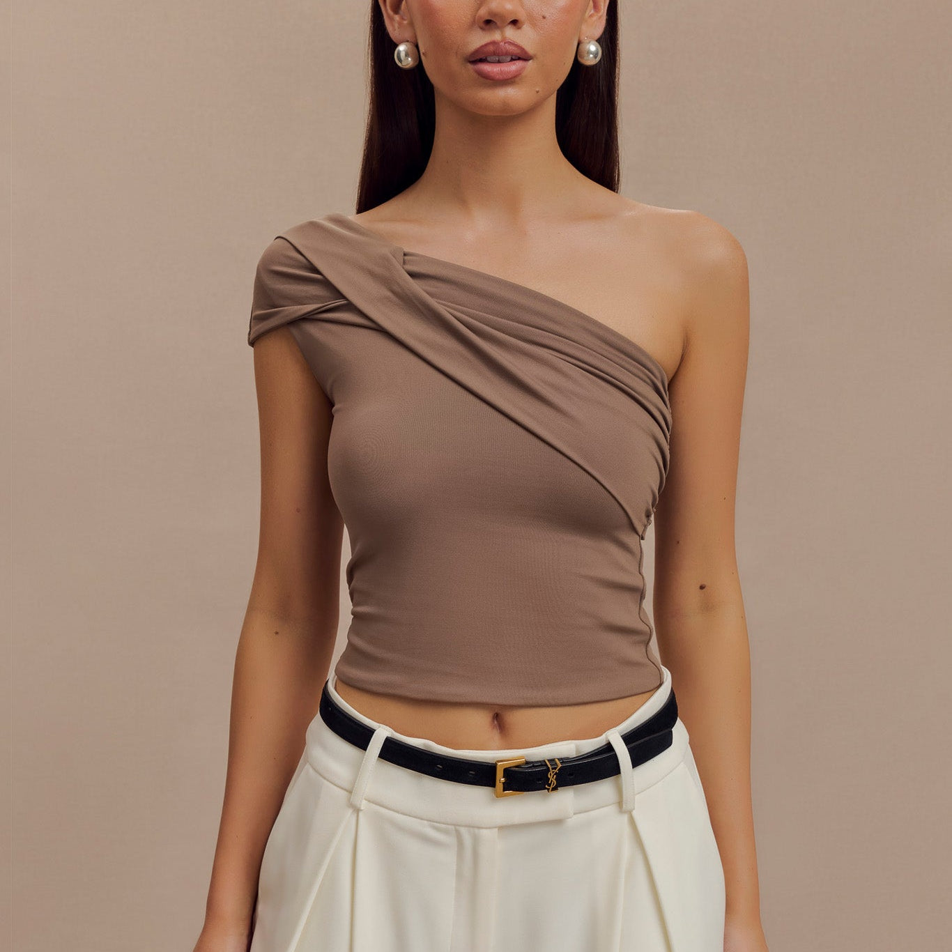 Solene One Shoulder Recycled Nylon Twist Top - Smoke