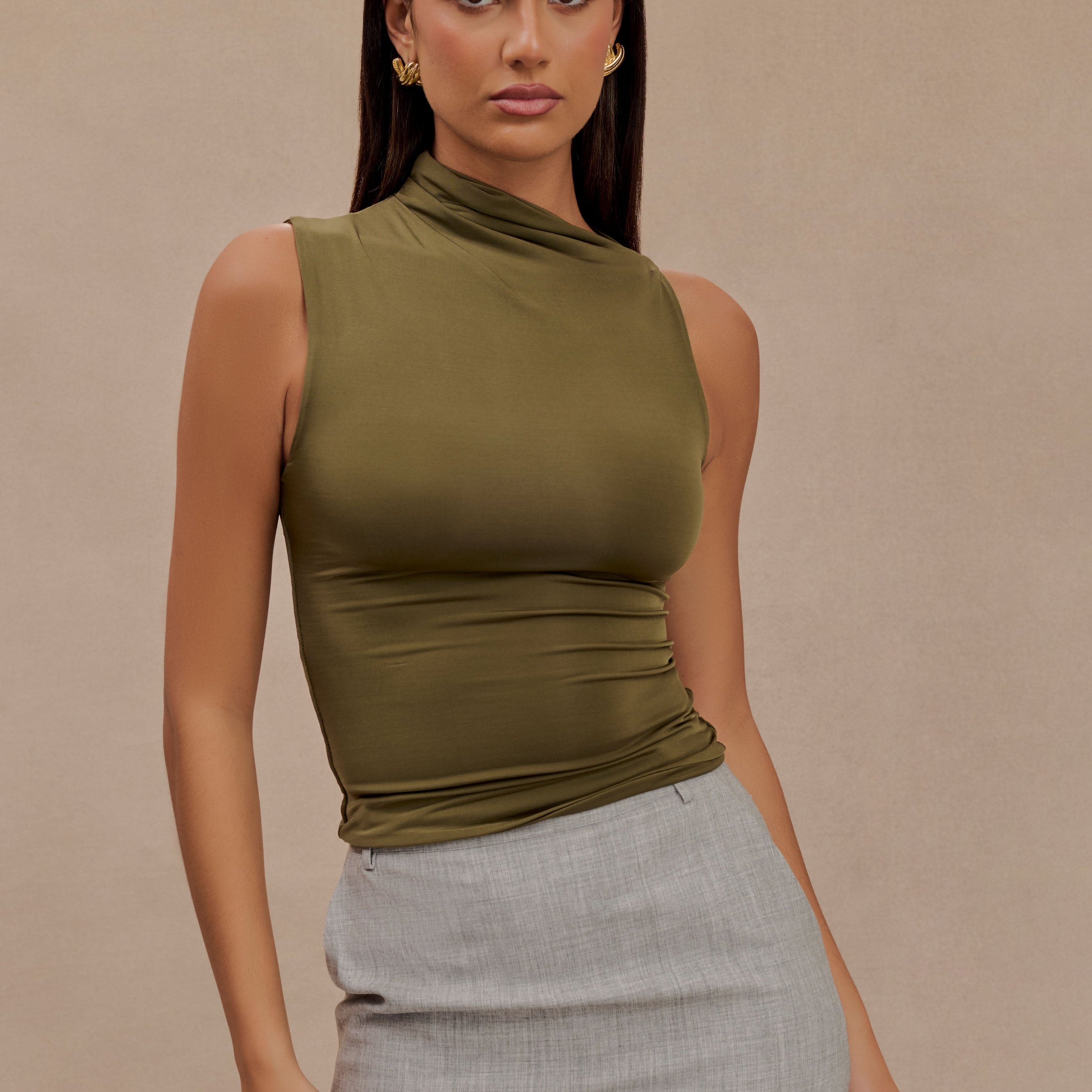 Hadleigh Sleeveless Slinky Top - Dark Olive