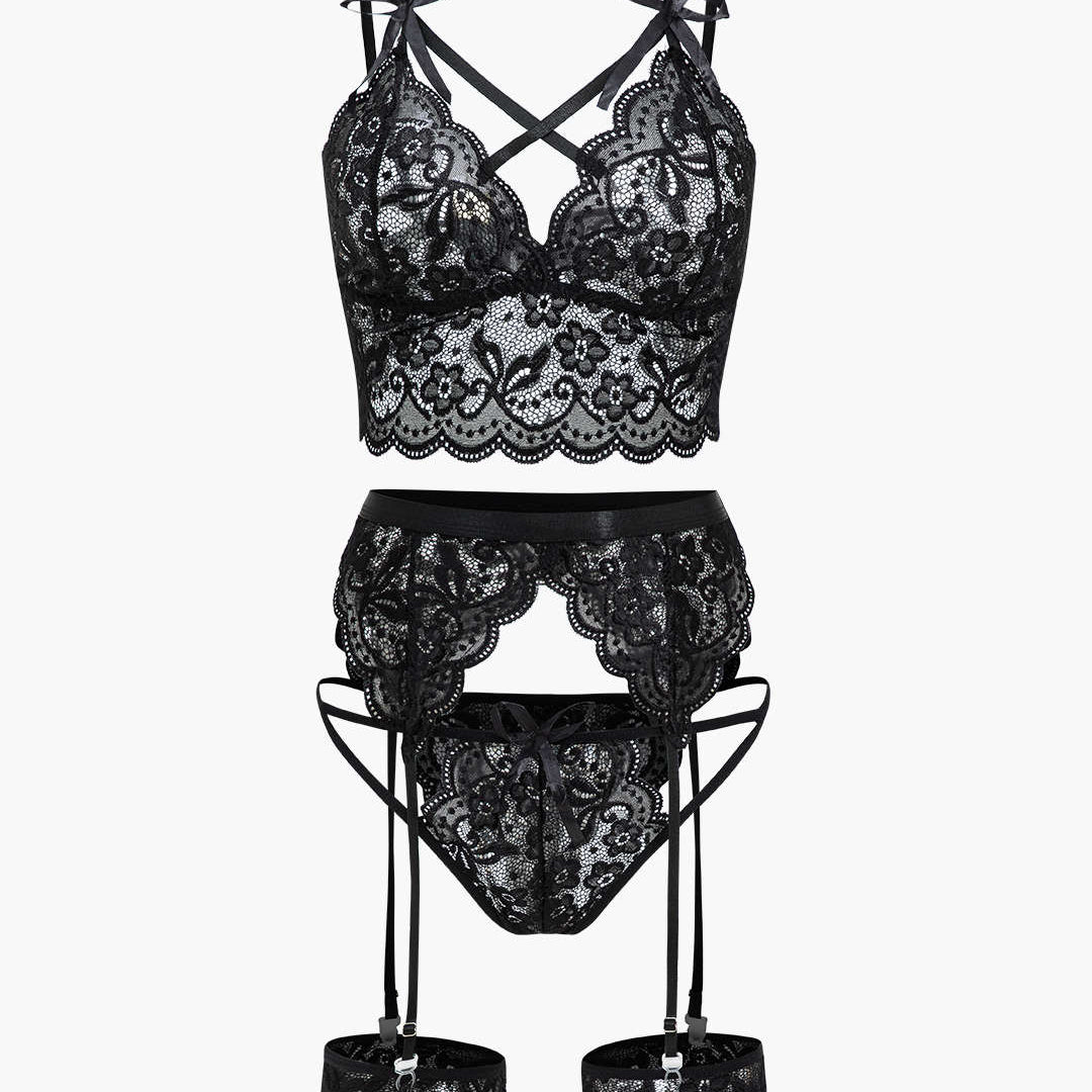 Lace Backless Kesik ve Bağlama Detaylı İç Giyim Garter Seti