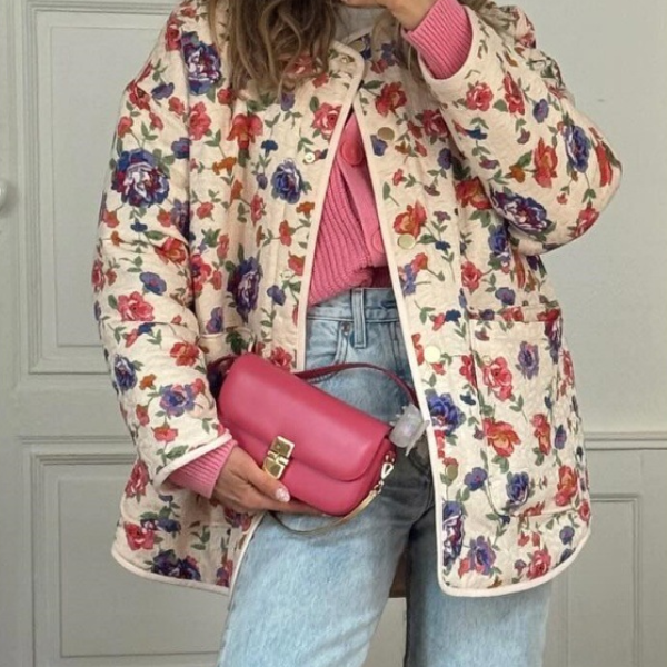 Çiçekli V Yaka Oversize Ceket
