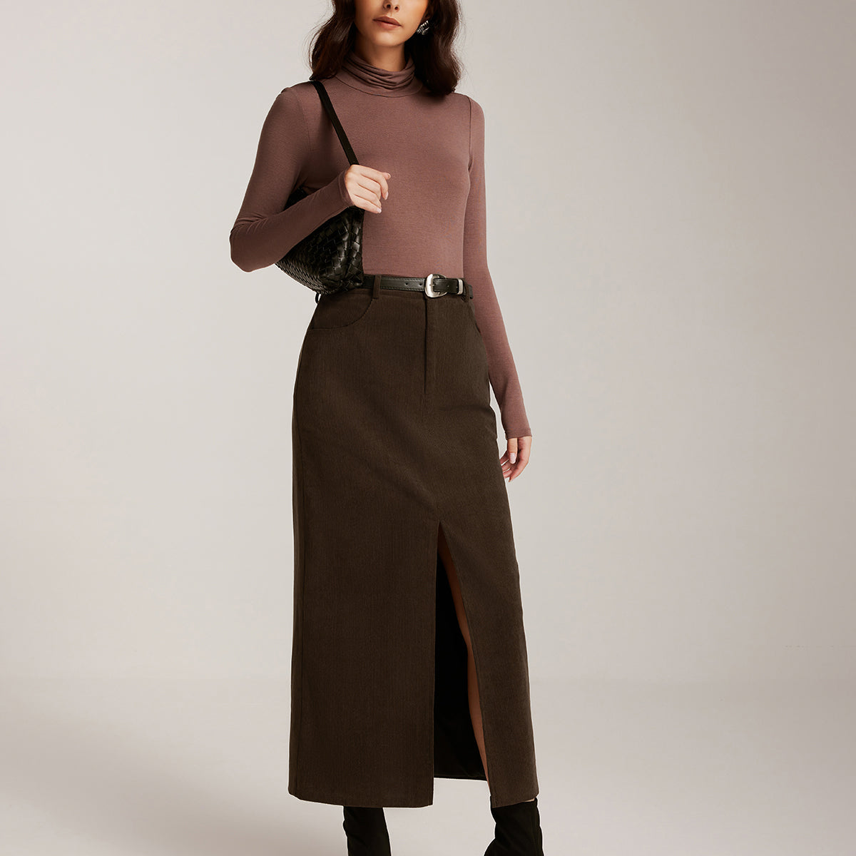 Corduroy Split Belted Midi Etek
