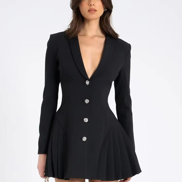V Yaka Pileli Blazer Mini Elbise