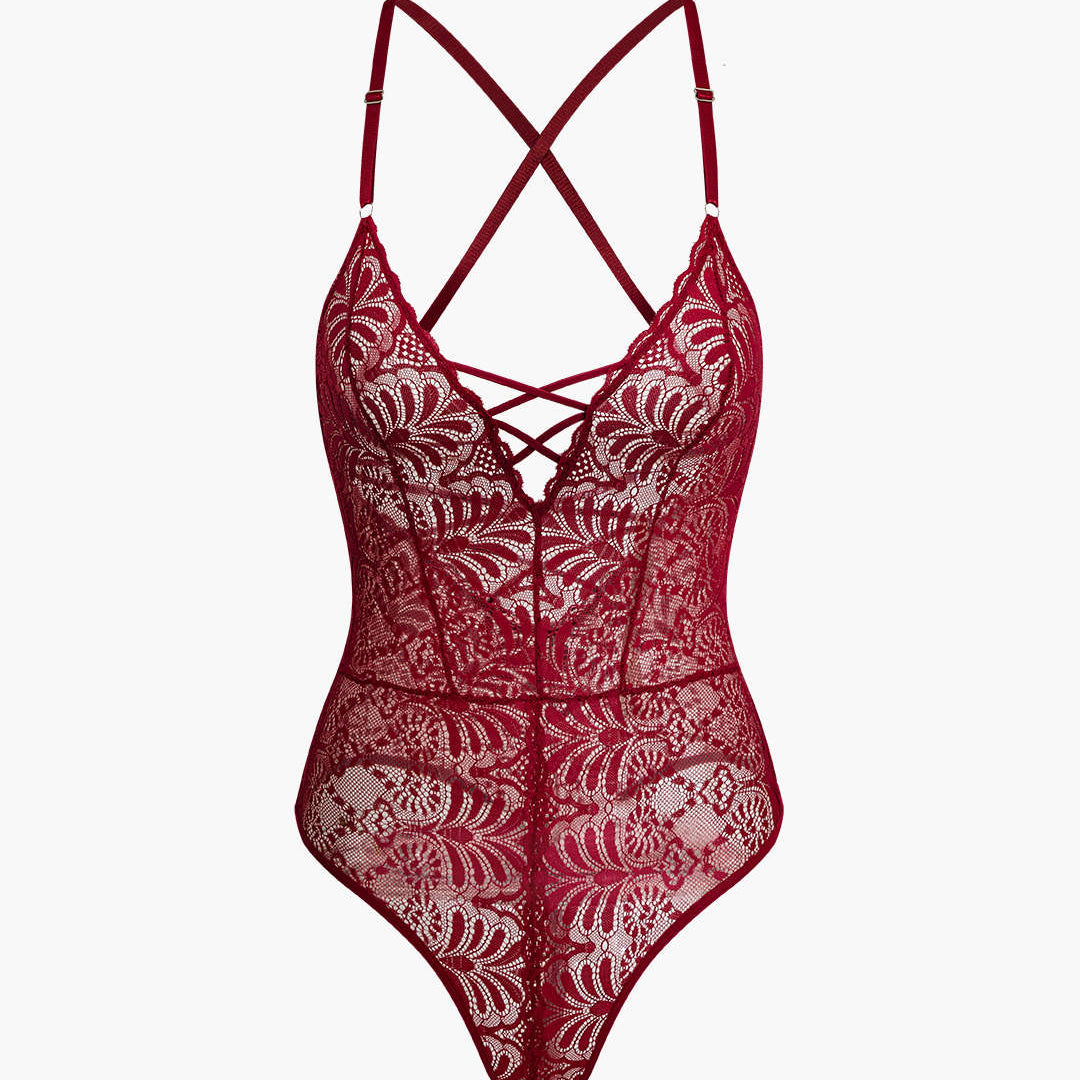 Dantel Sırt Dekolteli Çapraz Lingerie Bodysuit