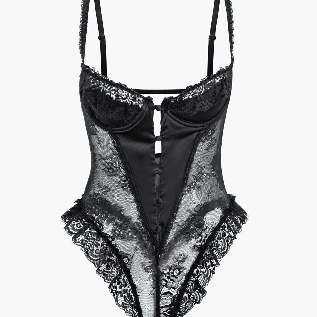 Dantel Volan Düğme Detaylı Kesik Sırt Dekolteli Lingerie Bodysuit