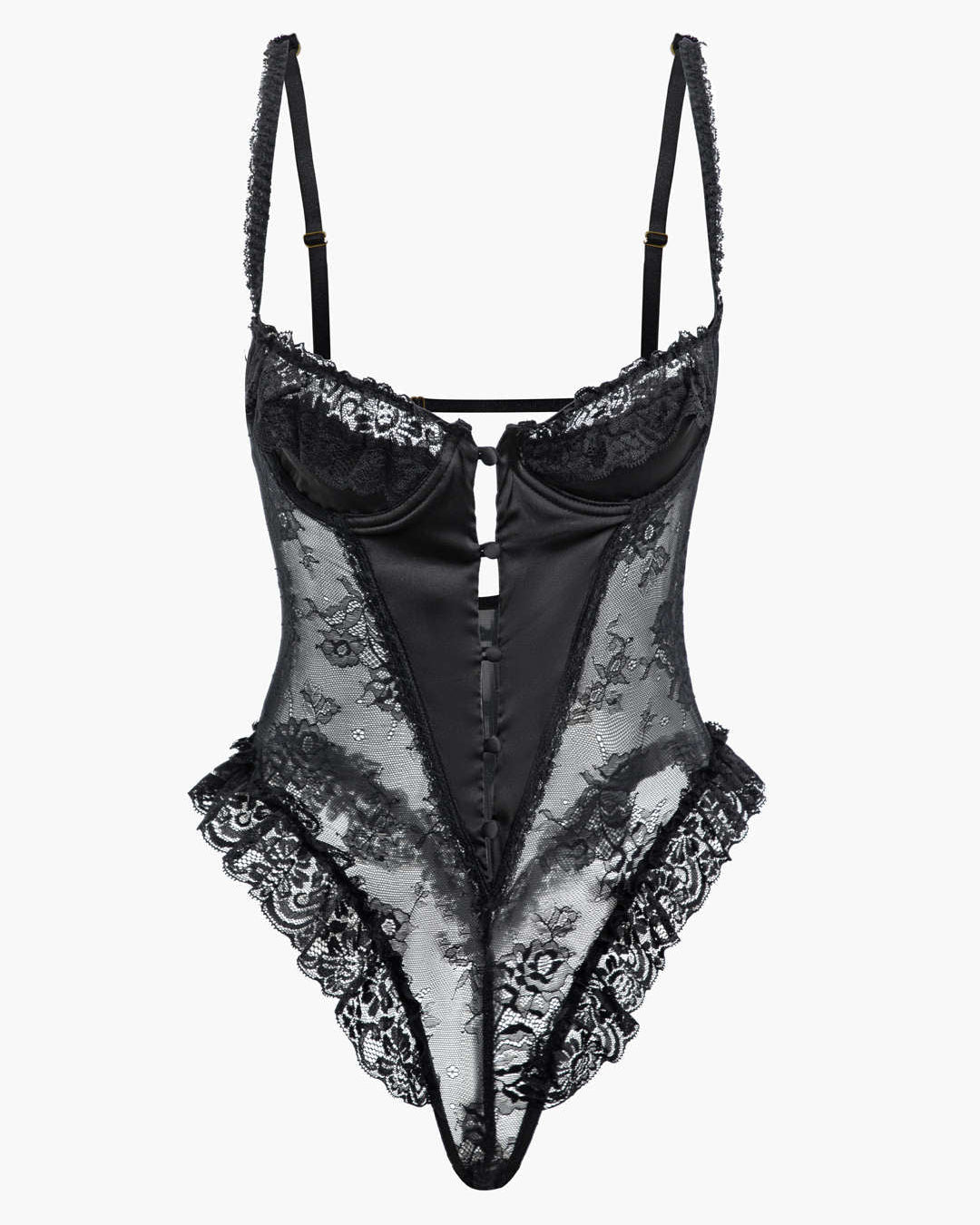 Dantel Volan Düğme Detaylı Kesik Sırt Dekolteli Lingerie Bodysuit