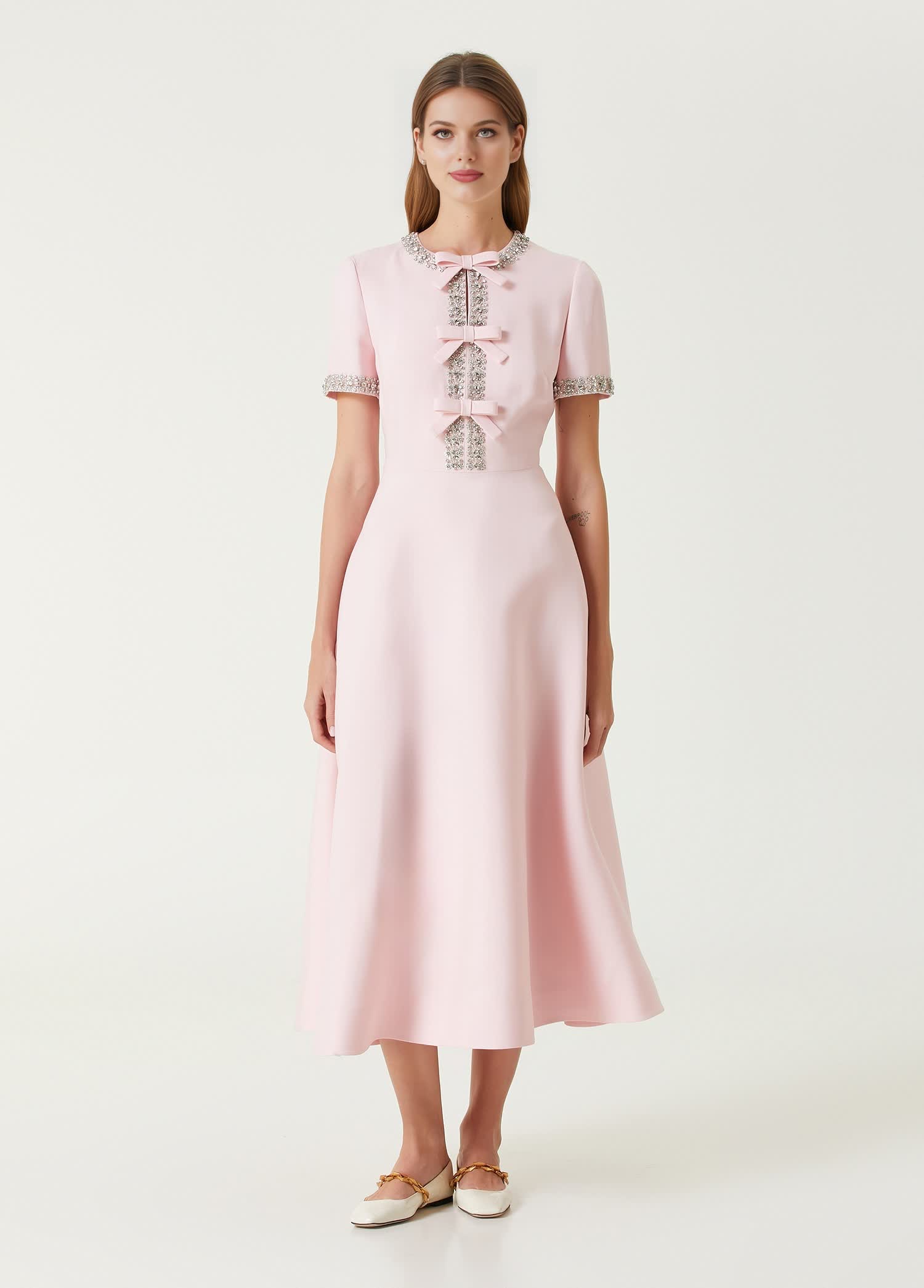 Zoe Fiyonklu Kristal İşlemeli Midi Elbise