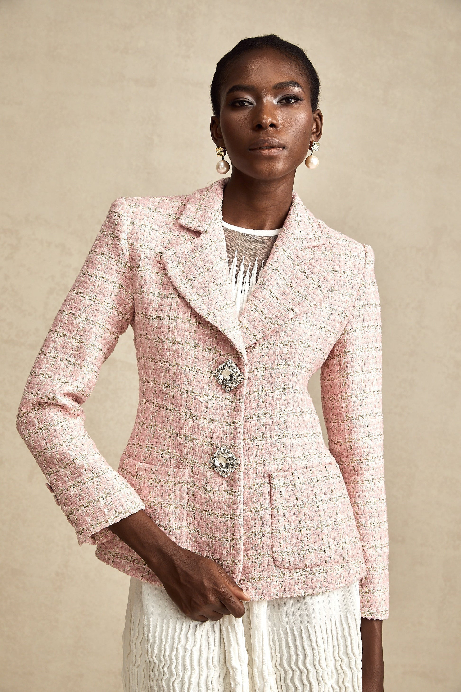 Kristal Düğmeli Tüvit Blazer Ceket