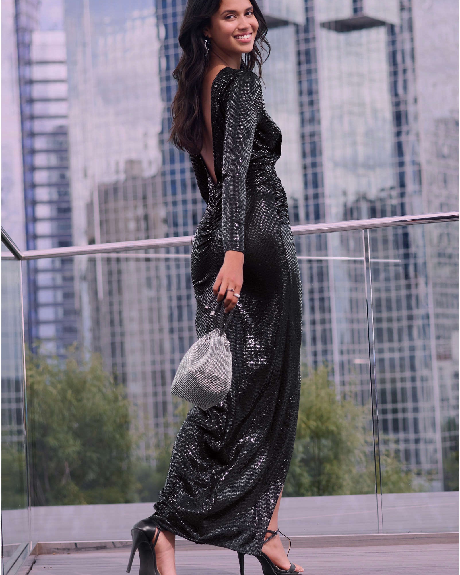 Sequin High-Slit Maxi Dress - Black