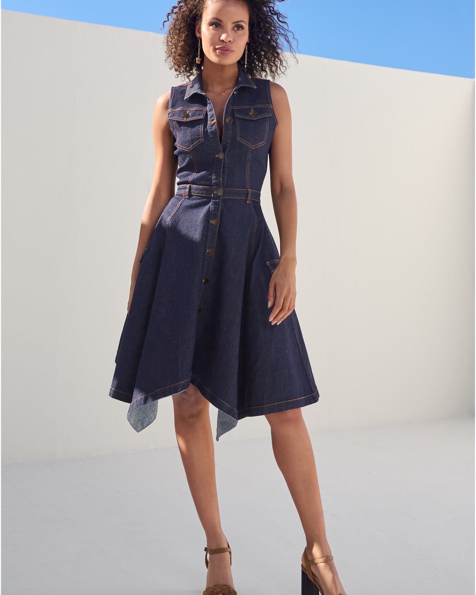 Indigo Jean Düğmeli Elbise