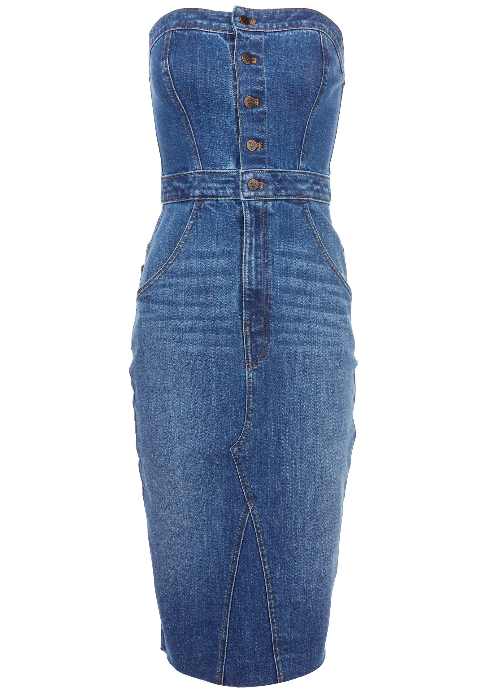Denim Strapless Midi Elbise