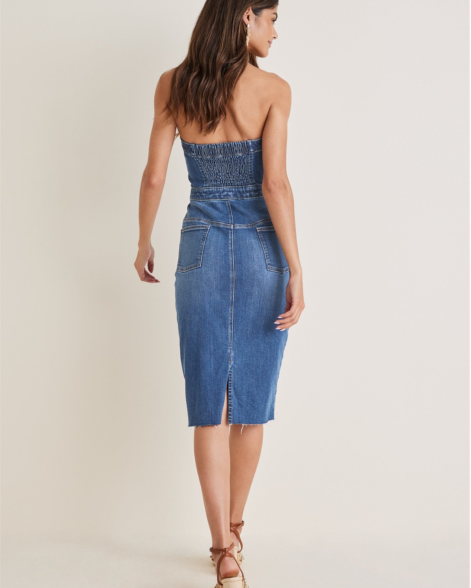 Denim Strapless Midi Elbise