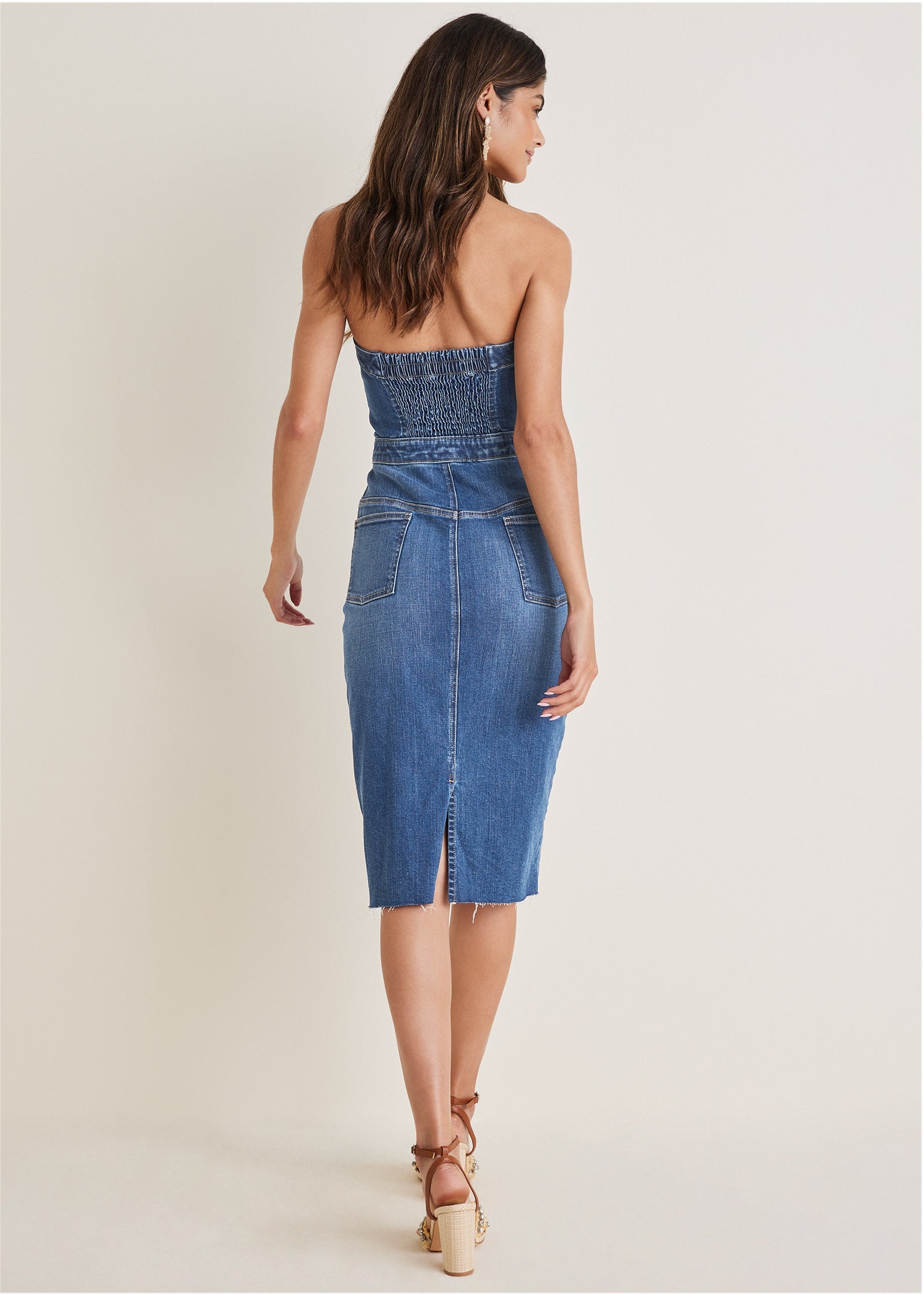 Denim Strapless Midi Elbise