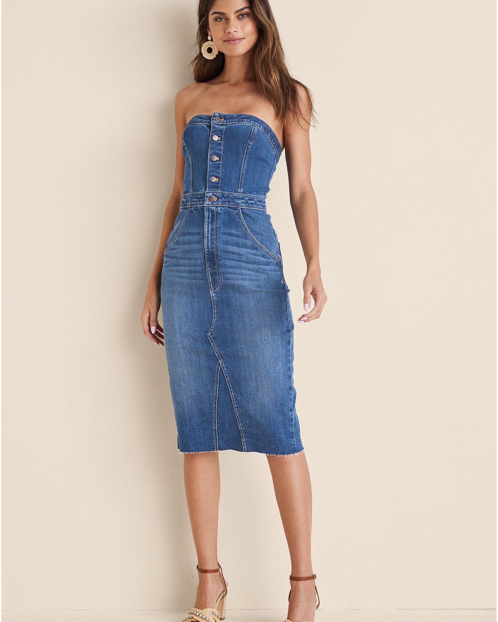 Denim Strapless Midi Elbise