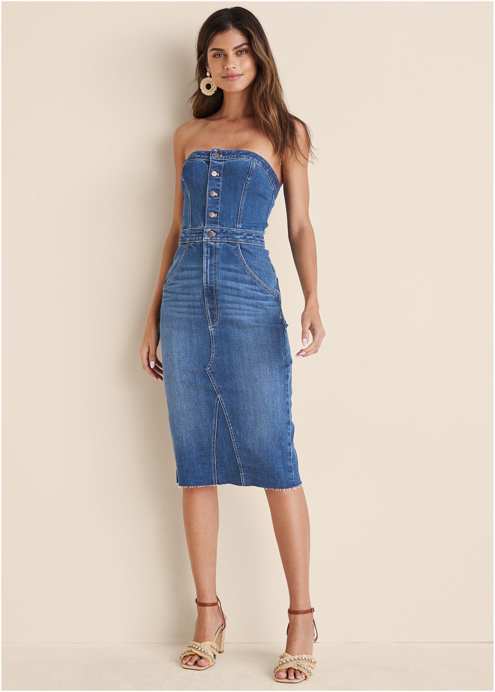 Denim Strapless Midi Elbise