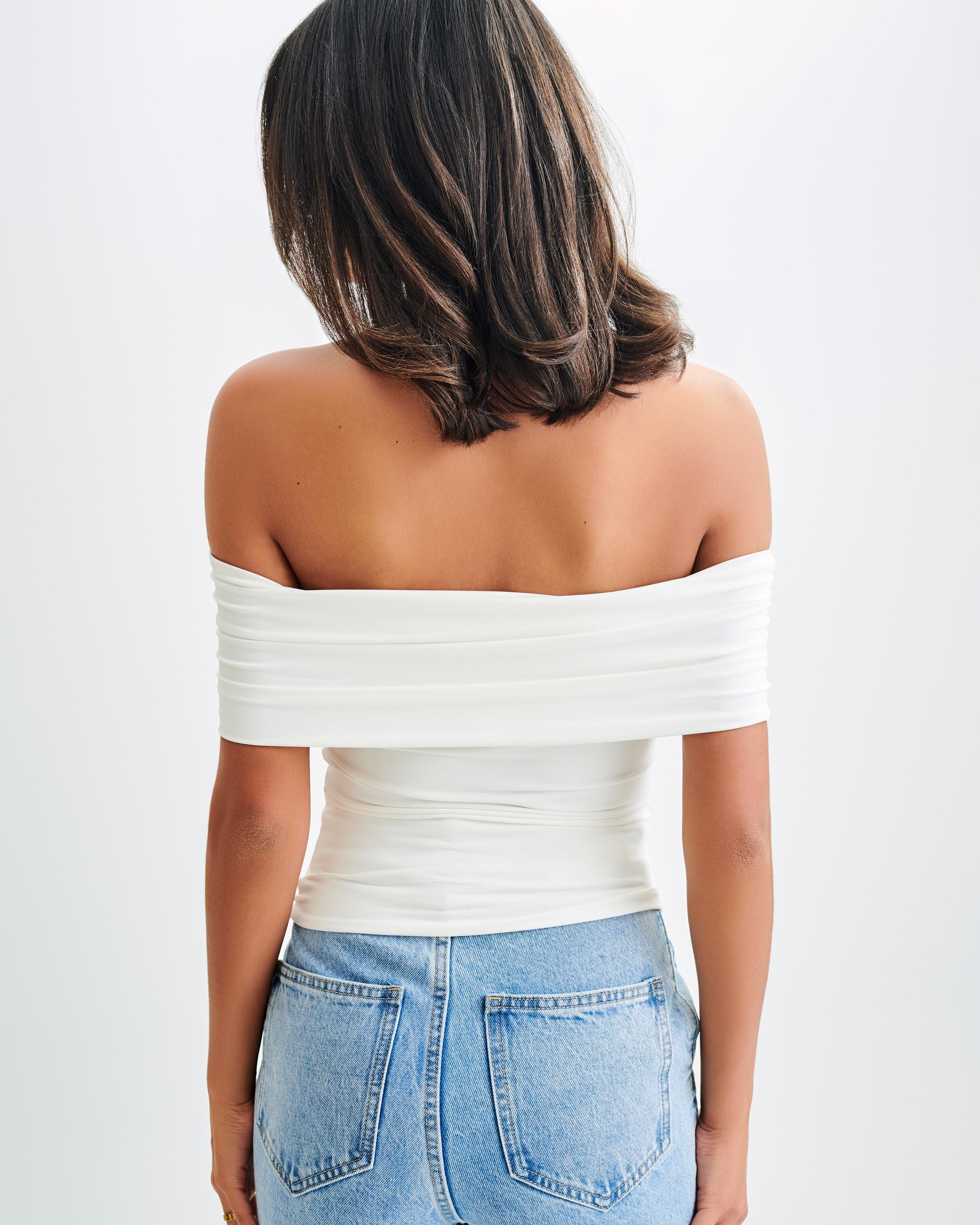 Meena Recycled Nylon Off Shoulder Top - White