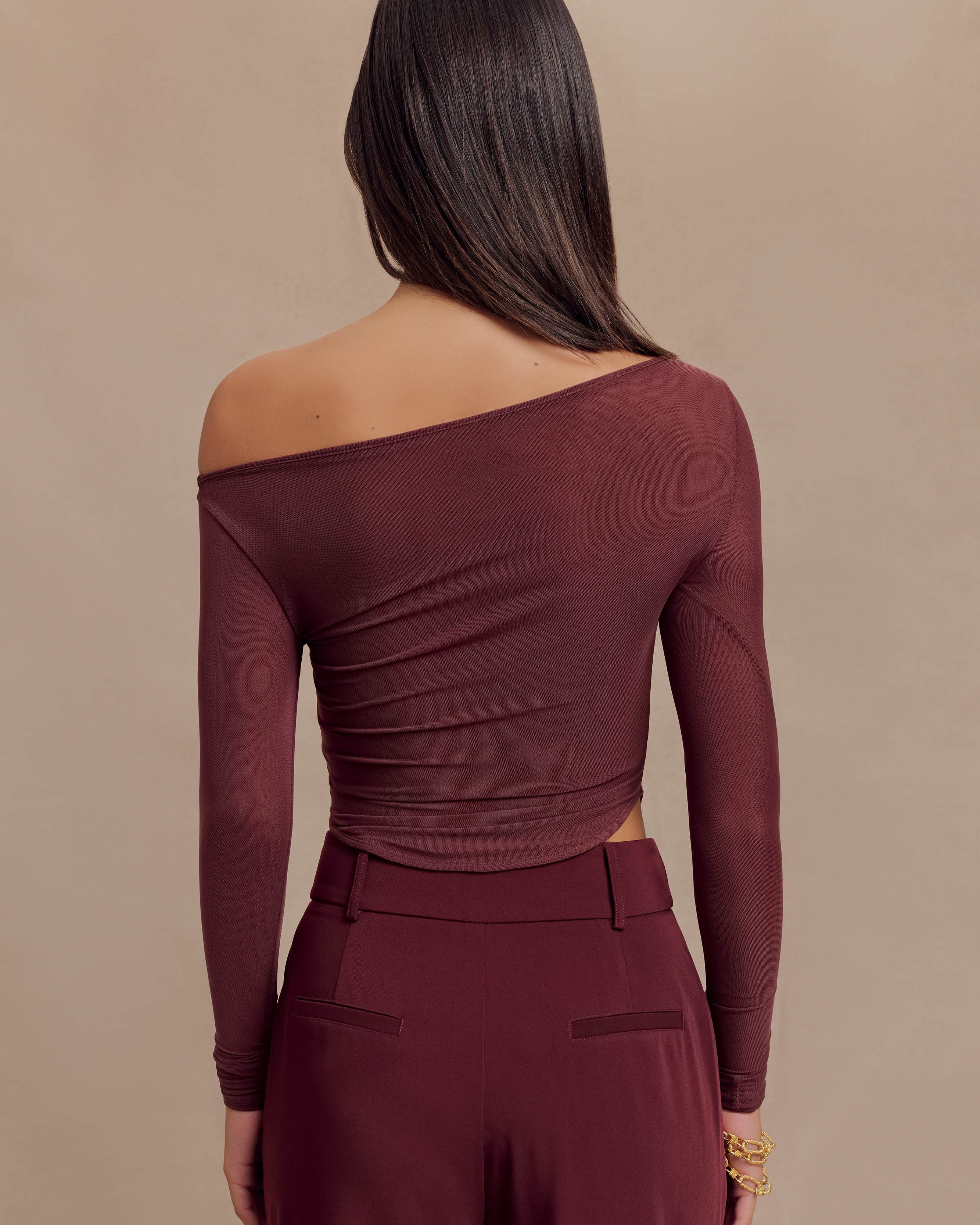 Colette Boat Neck Mesh Top - Mahogany