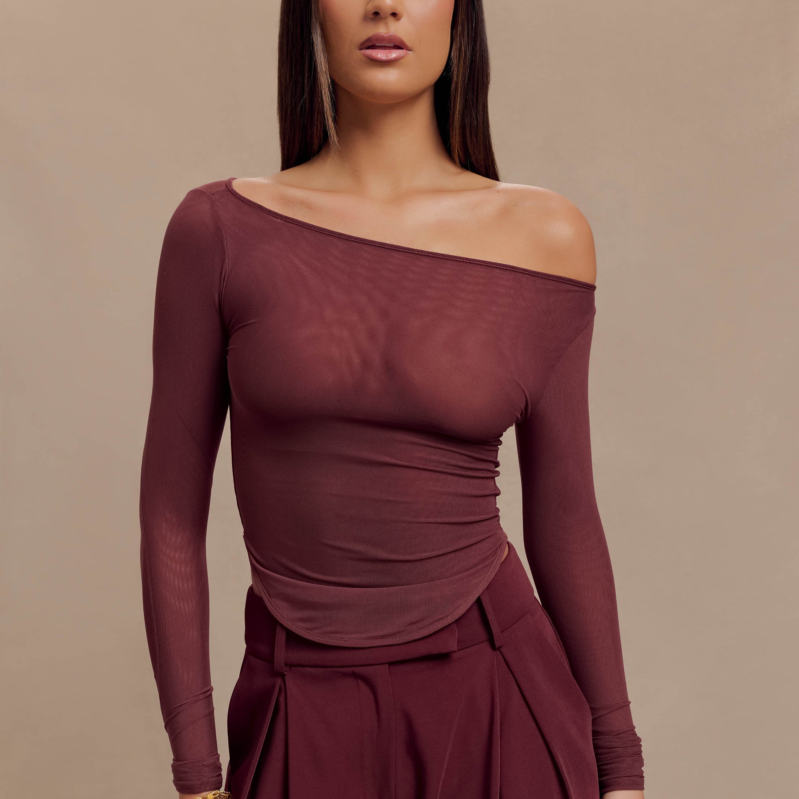 Colette Boat Neck Mesh Top - Mahogany