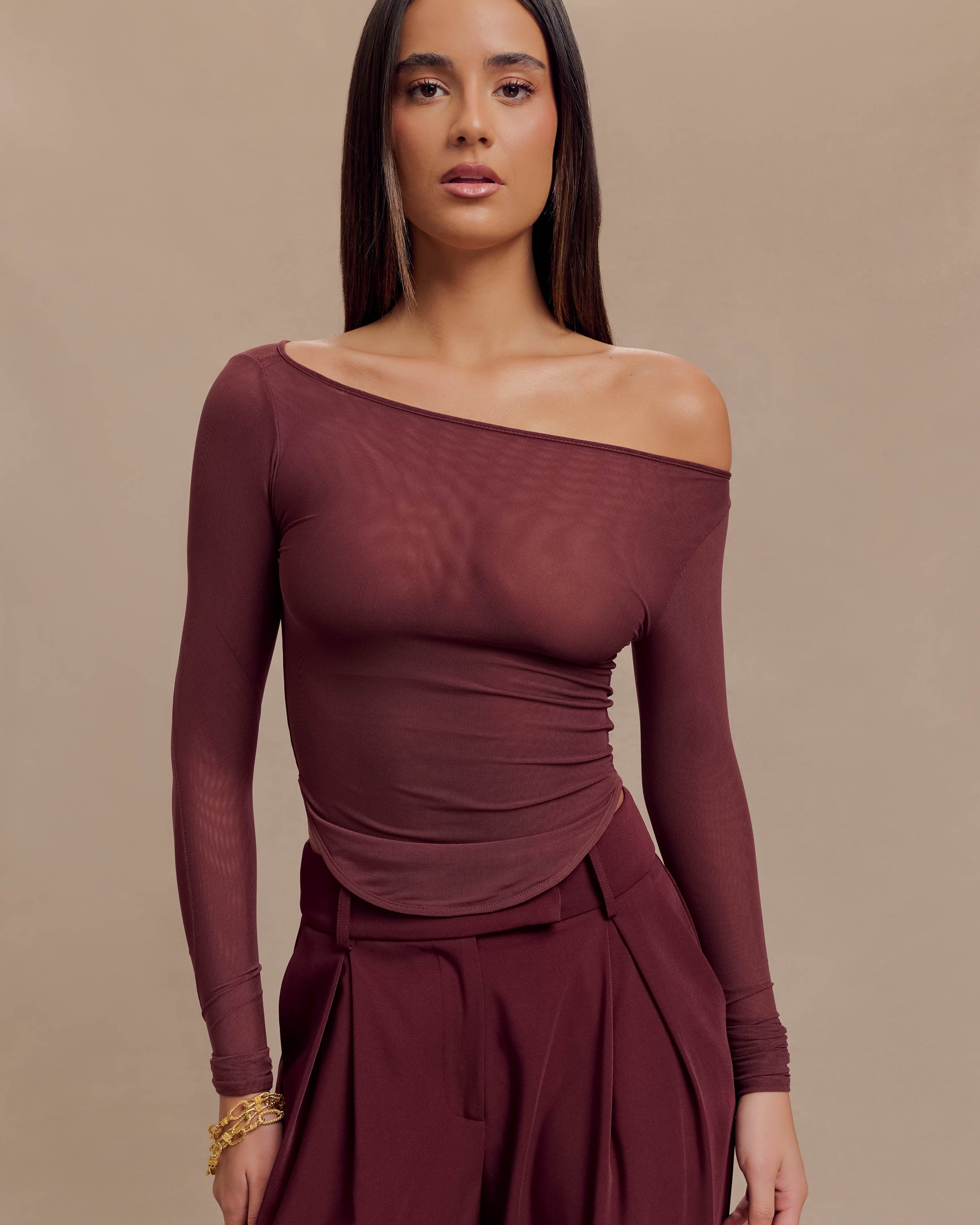 Colette Boat Neck Mesh Top - Mahogany