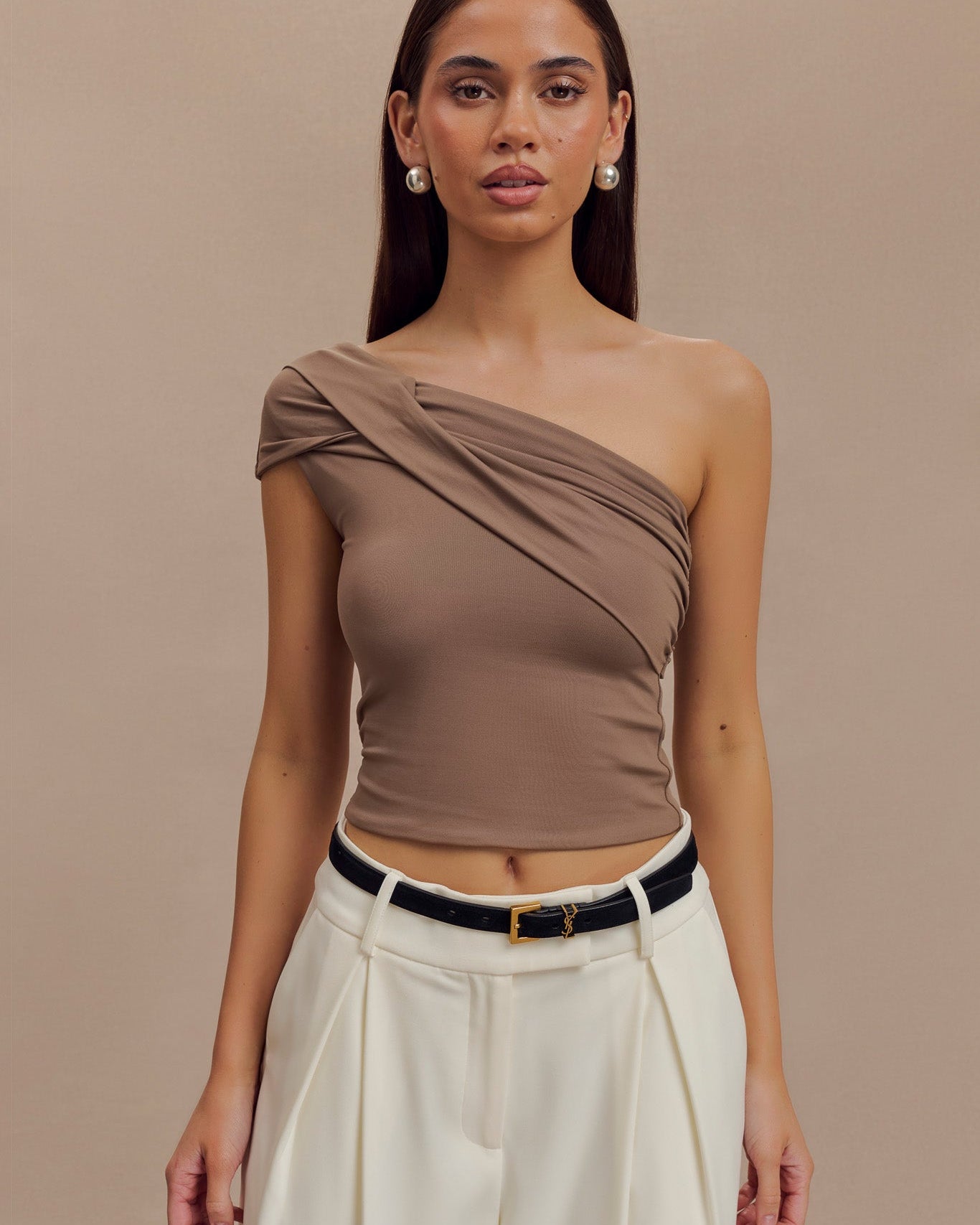 Solene One Shoulder Recycled Nylon Twist Top - Smoke