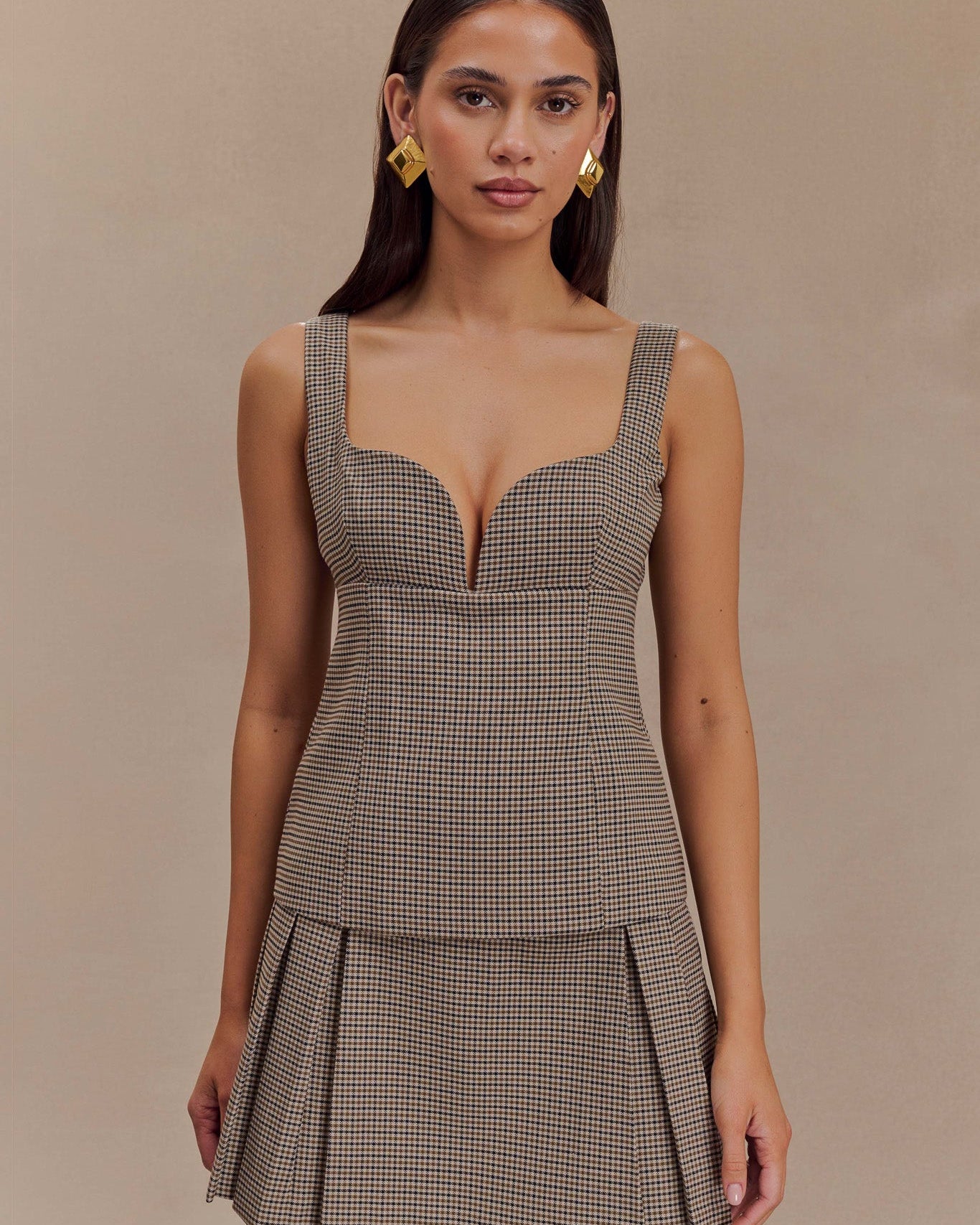 Lawry Structured Longline Top - Tan Check