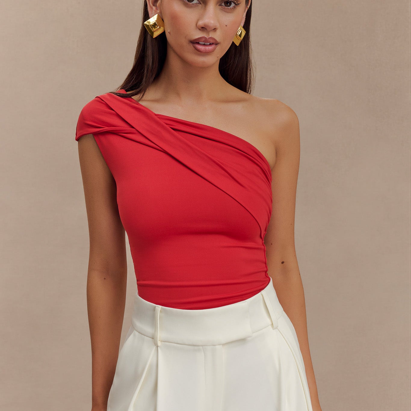 Solene One Shoulder Recycled Nylon Twist Top - Ruby