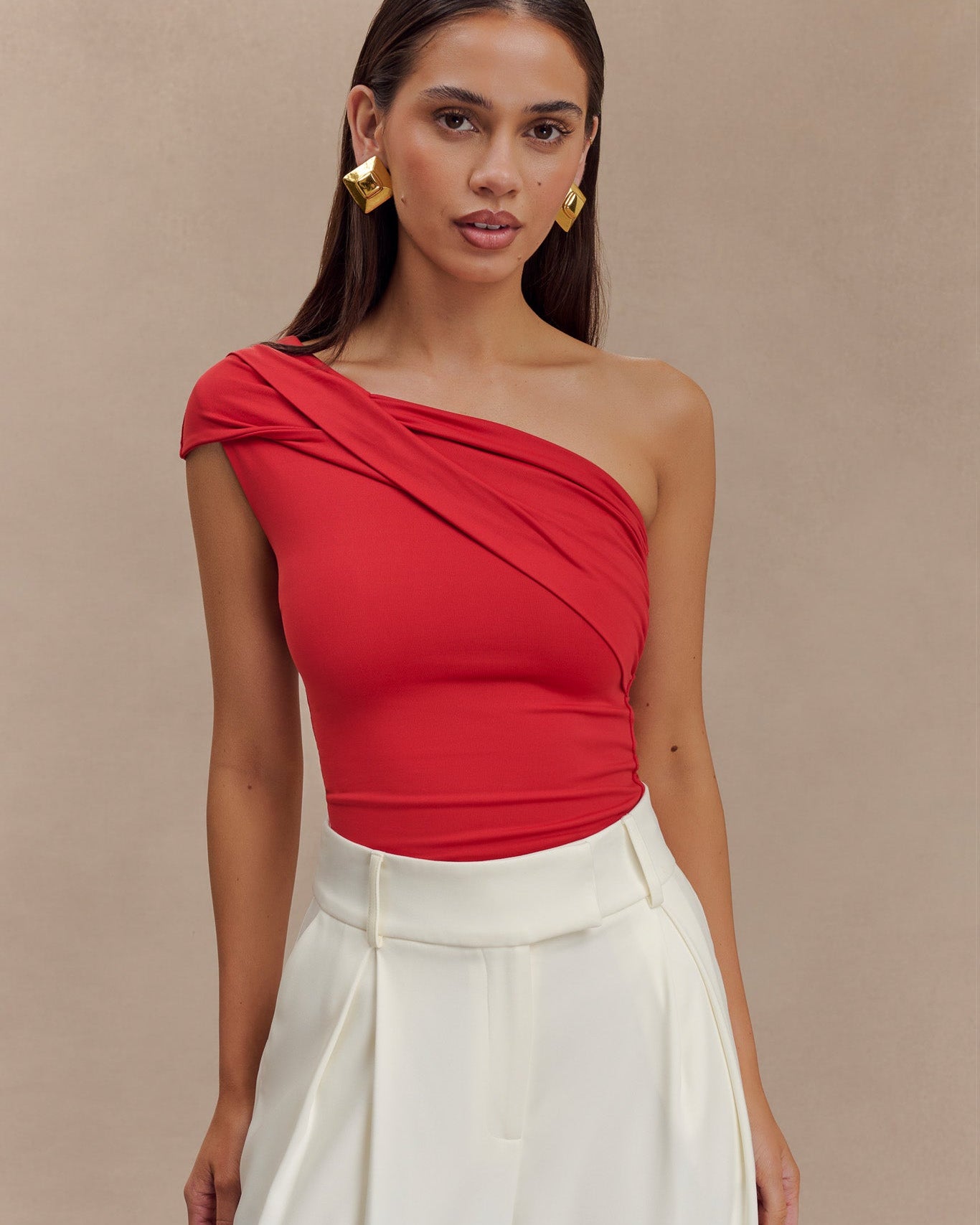 Solene One Shoulder Recycled Nylon Twist Top - Ruby