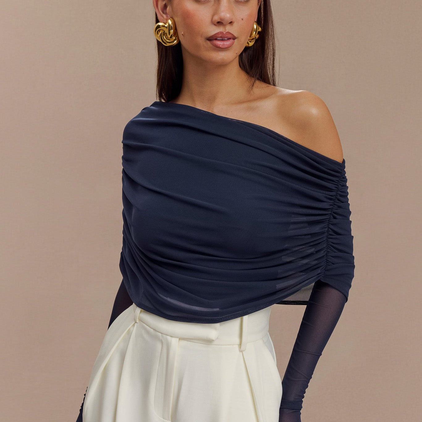 Everly Sheer Mesh Off Shoulder Top - Dark Navy