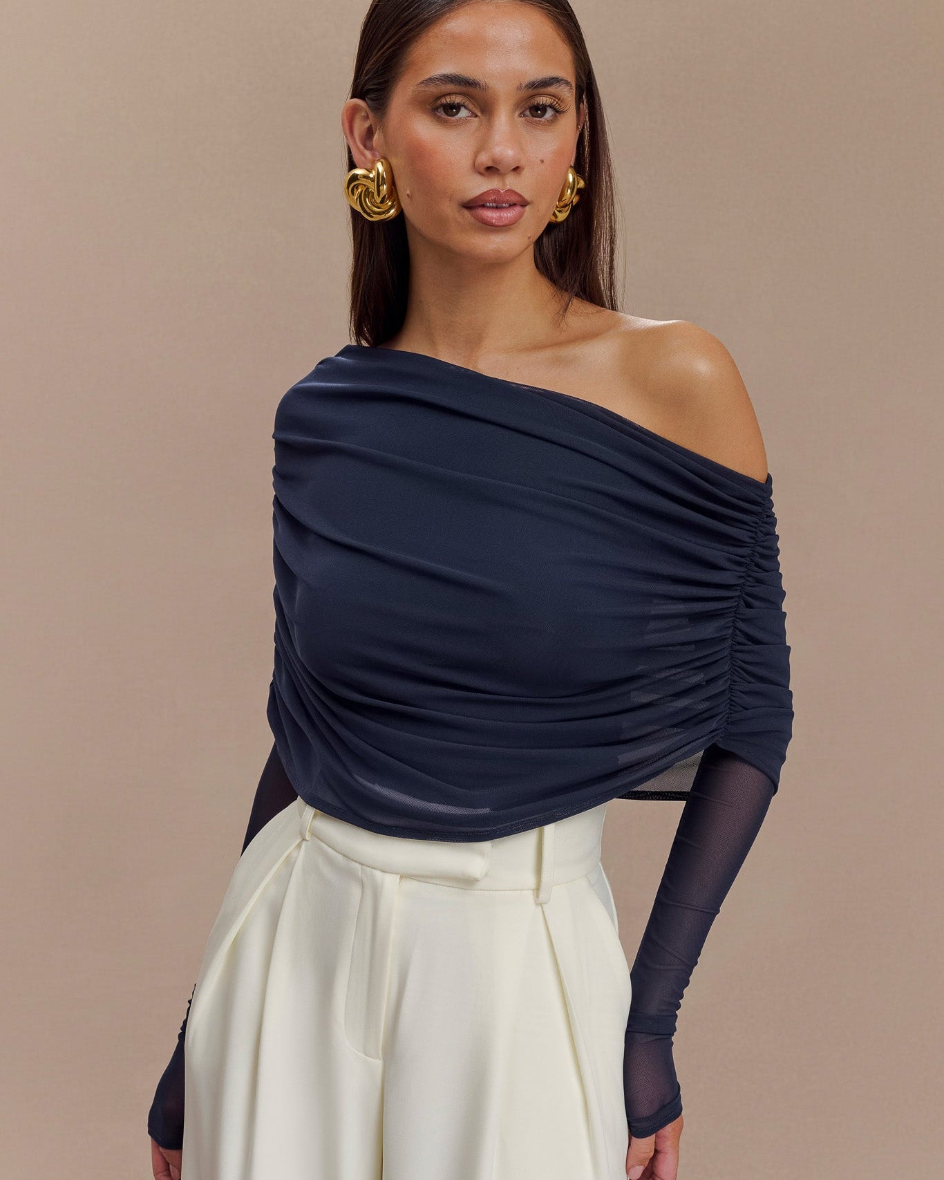 Everly Sheer Mesh Off Shoulder Top - Dark Navy