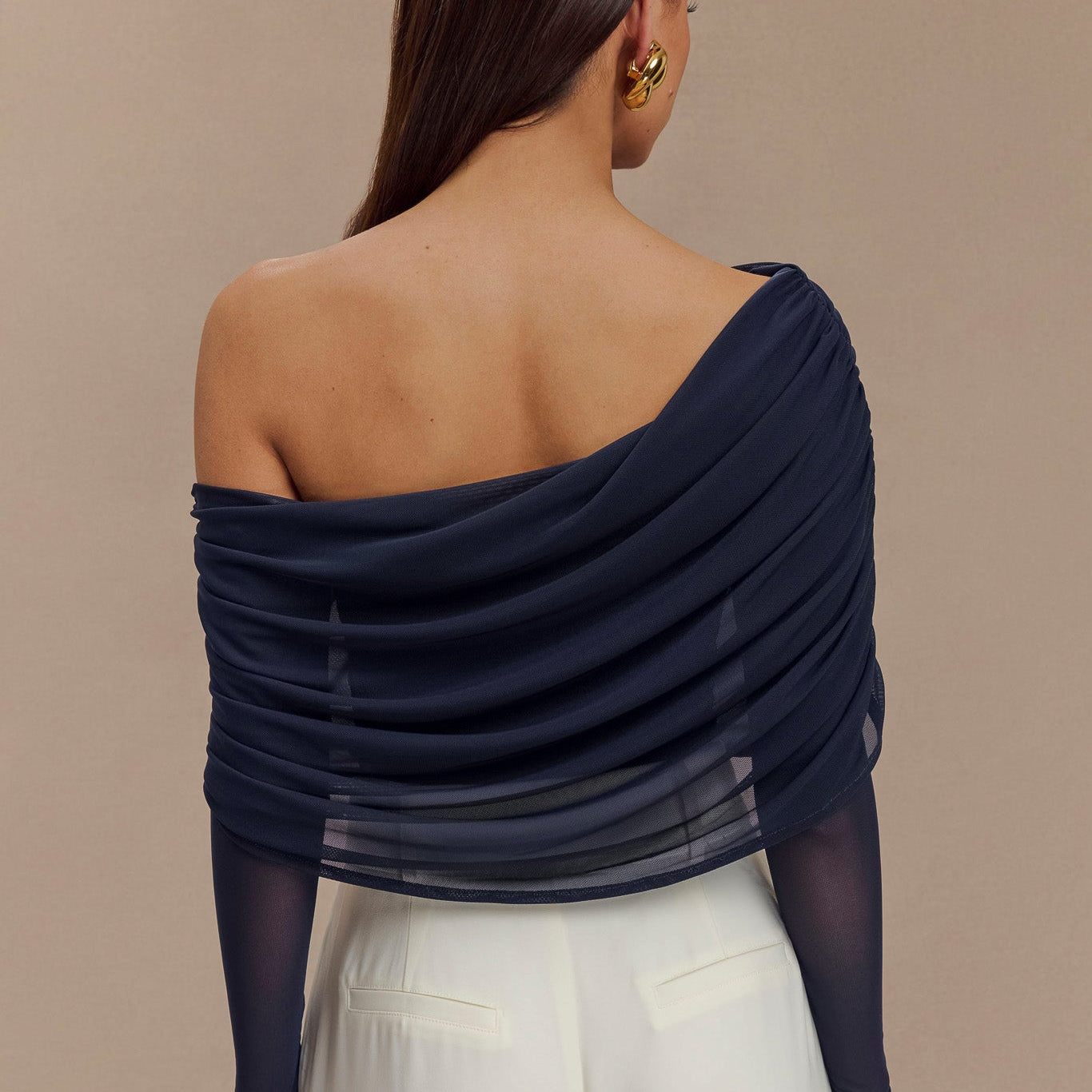 Everly Sheer Mesh Off Shoulder Top - Dark Navy