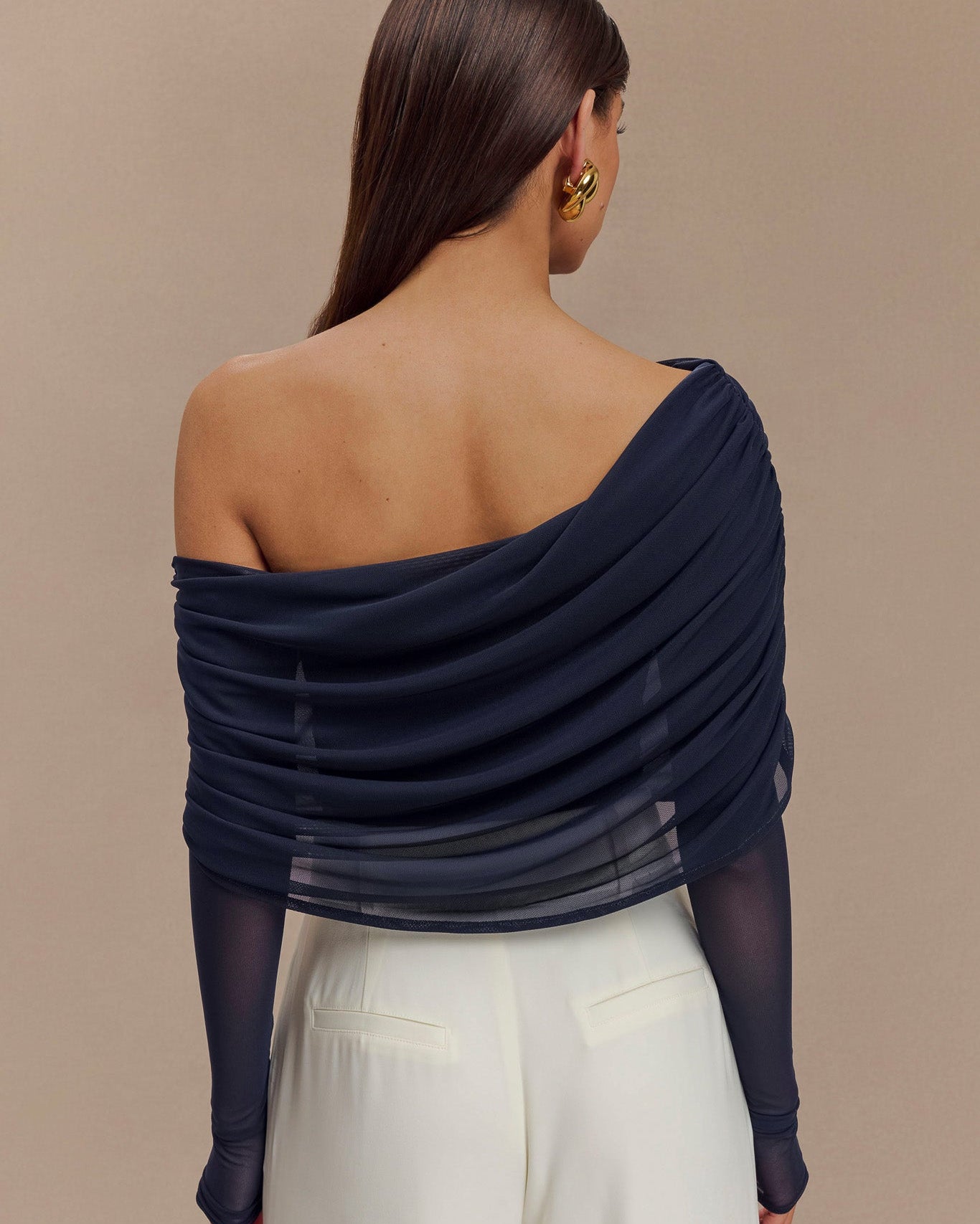 Everly Sheer Mesh Off Shoulder Top - Dark Navy