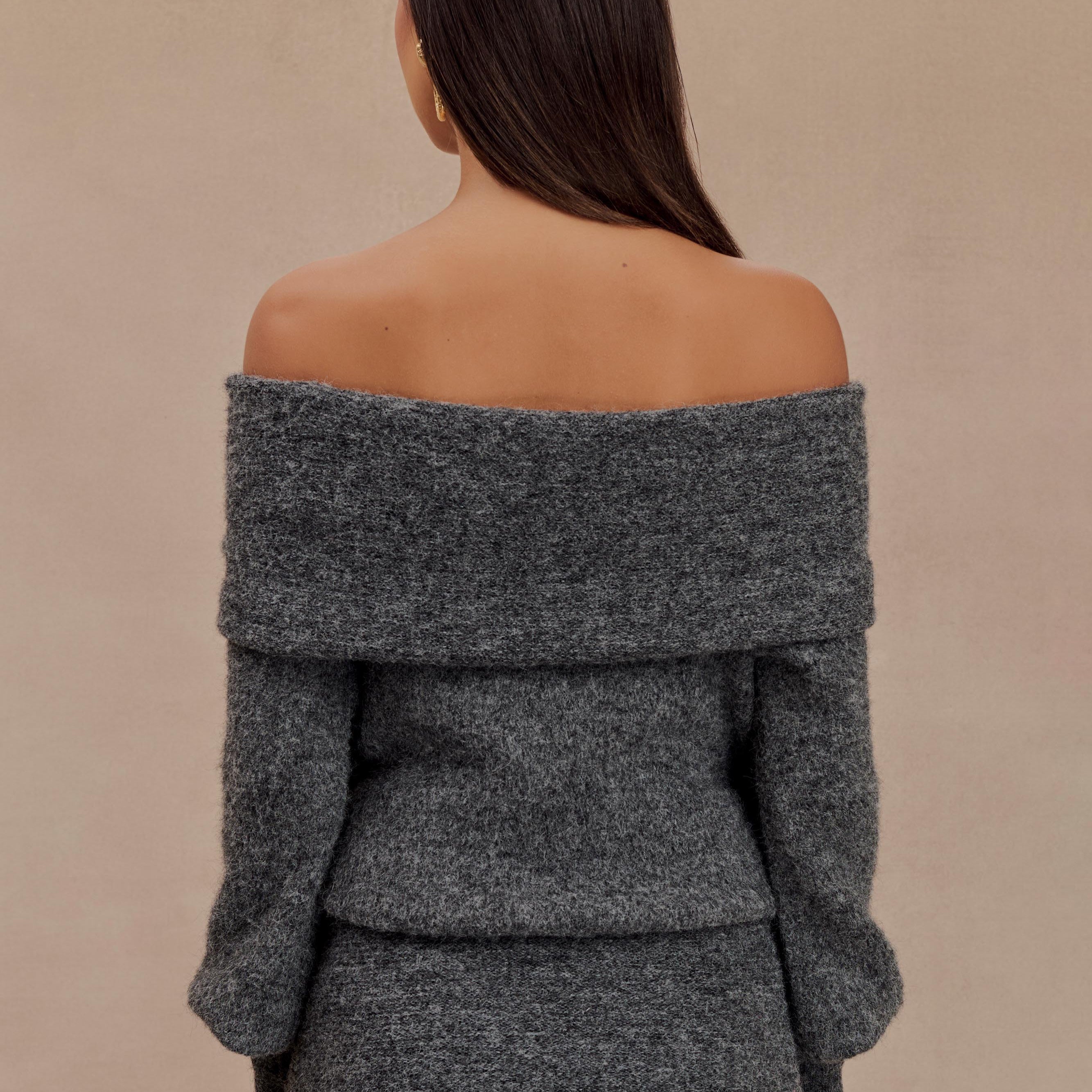 Charlotte Off Shoulder Knit Long Sleeve Top - Charcoal Marle