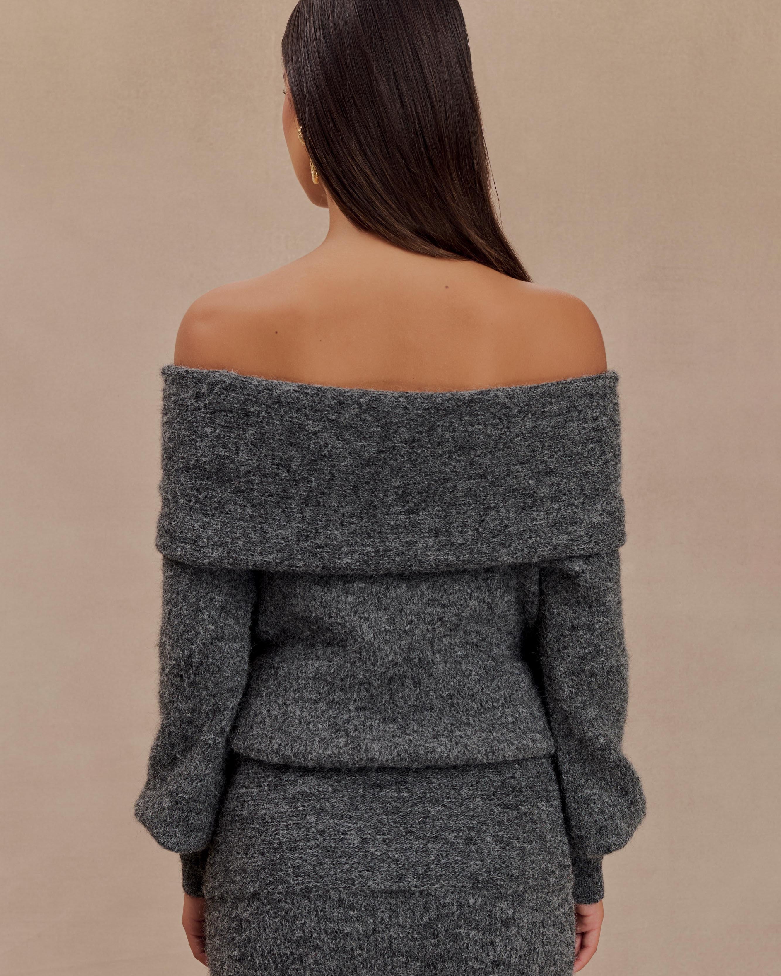 Charlotte Off Shoulder Knit Long Sleeve Top - Charcoal Marle
