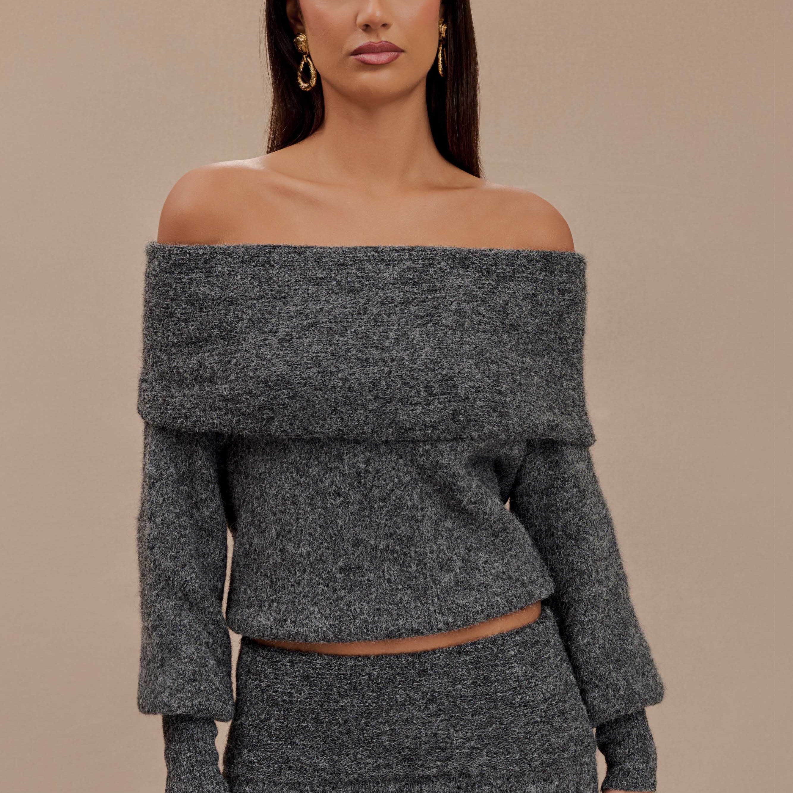 Charlotte Off Shoulder Knit Long Sleeve Top - Charcoal Marle