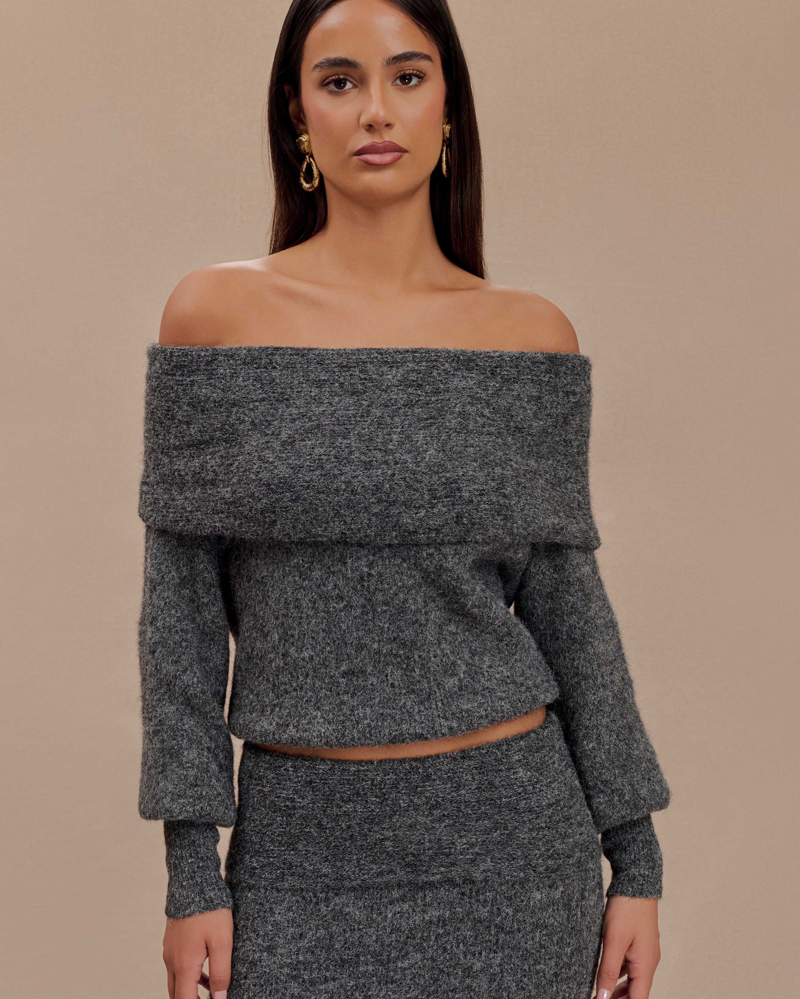Charlotte Off Shoulder Knit Long Sleeve Top - Charcoal Marle