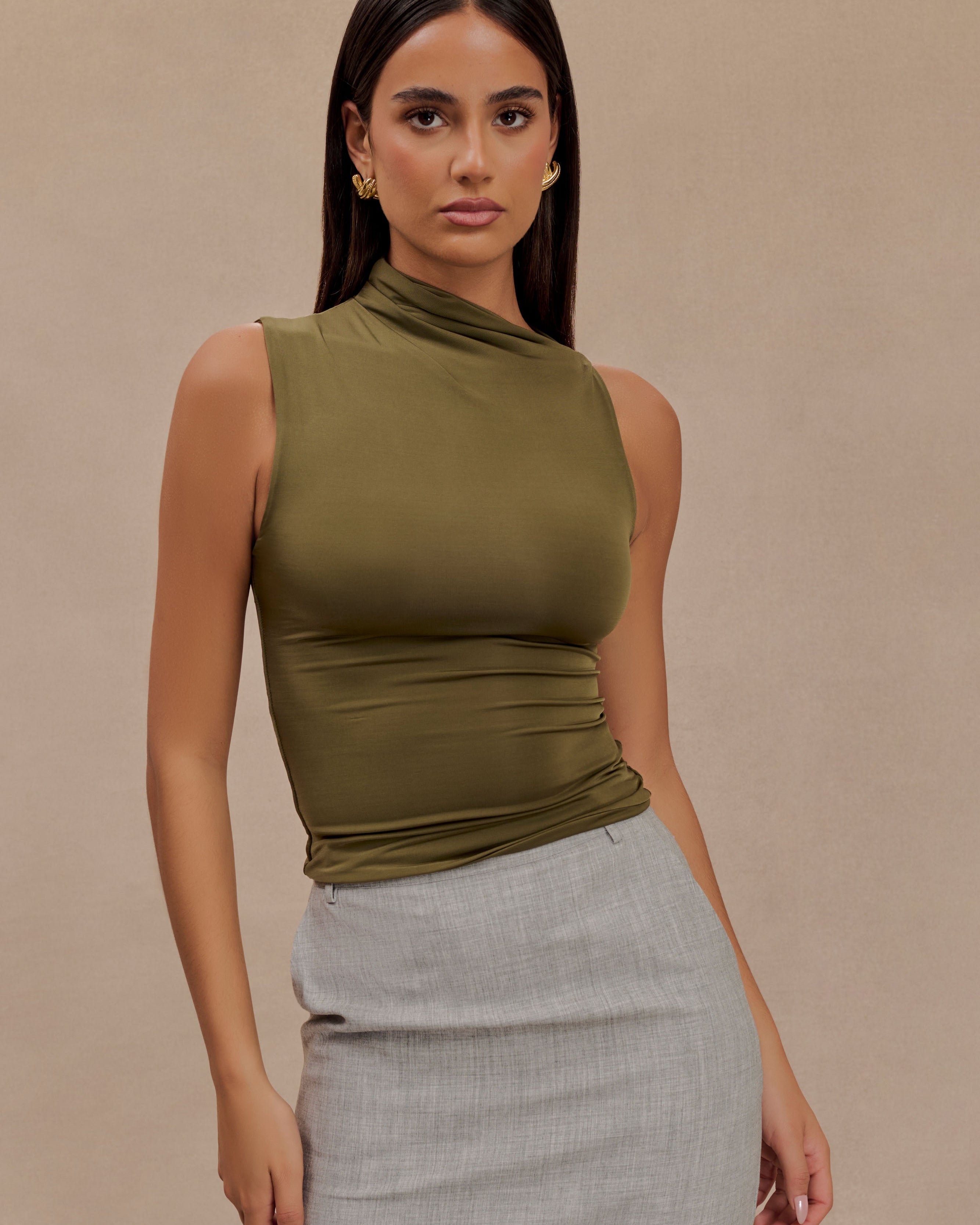 Hadleigh Sleeveless Slinky Top - Dark Olive