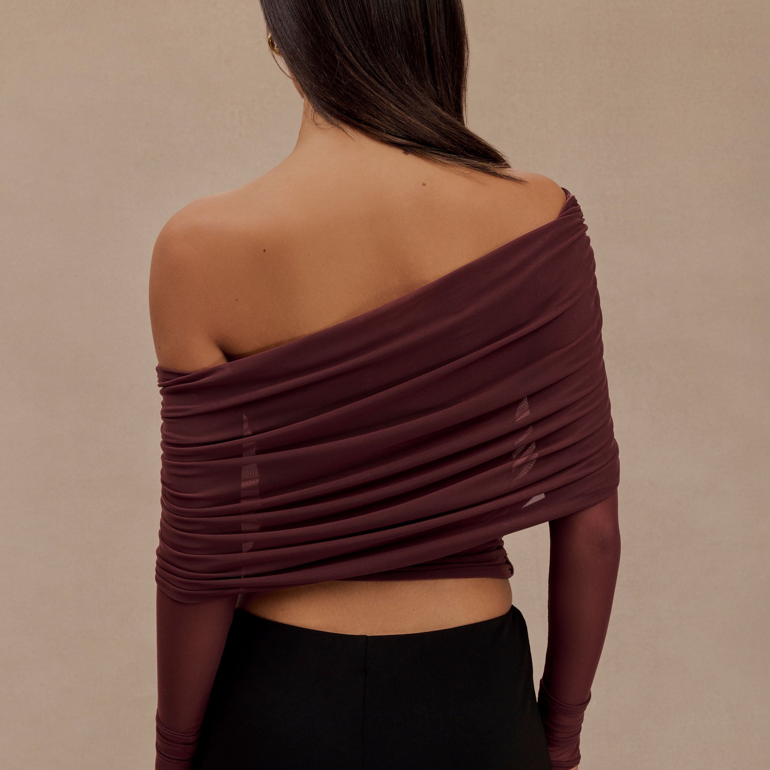 Everly Sheer Mesh Off Shoulder Top - Mahogany