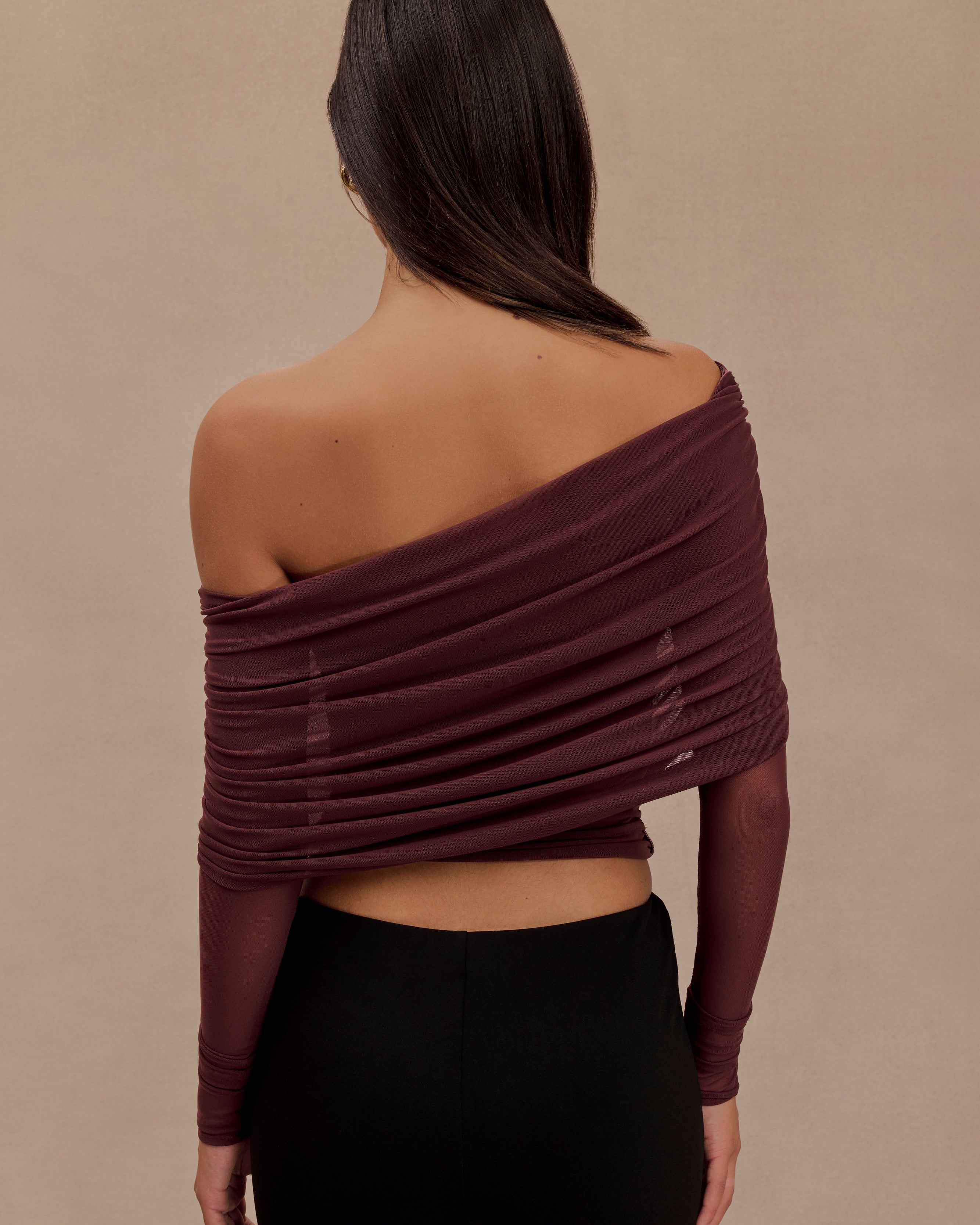 Everly Sheer Mesh Off Shoulder Top - Mahogany