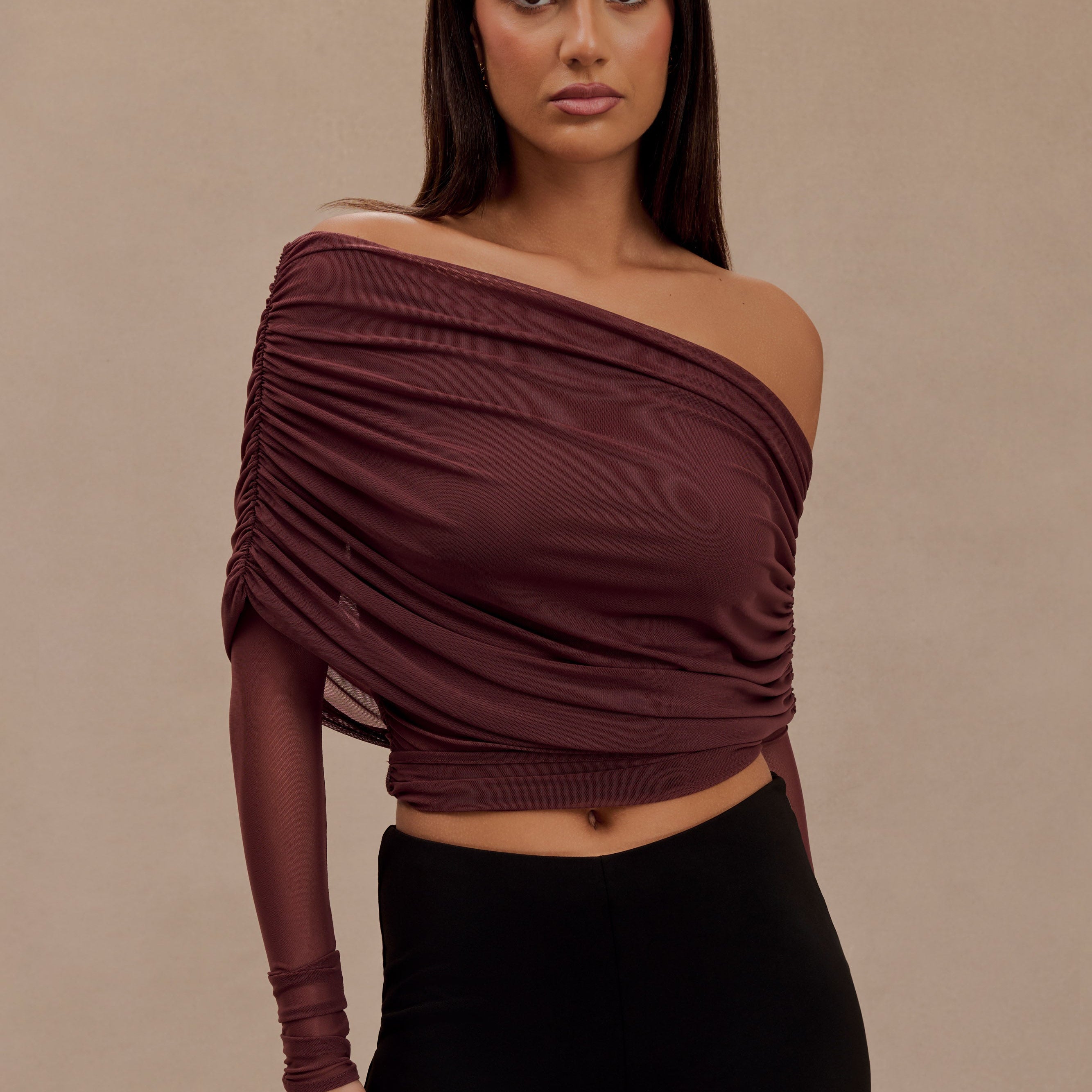 Everly Sheer Mesh Off Shoulder Top - Mahogany