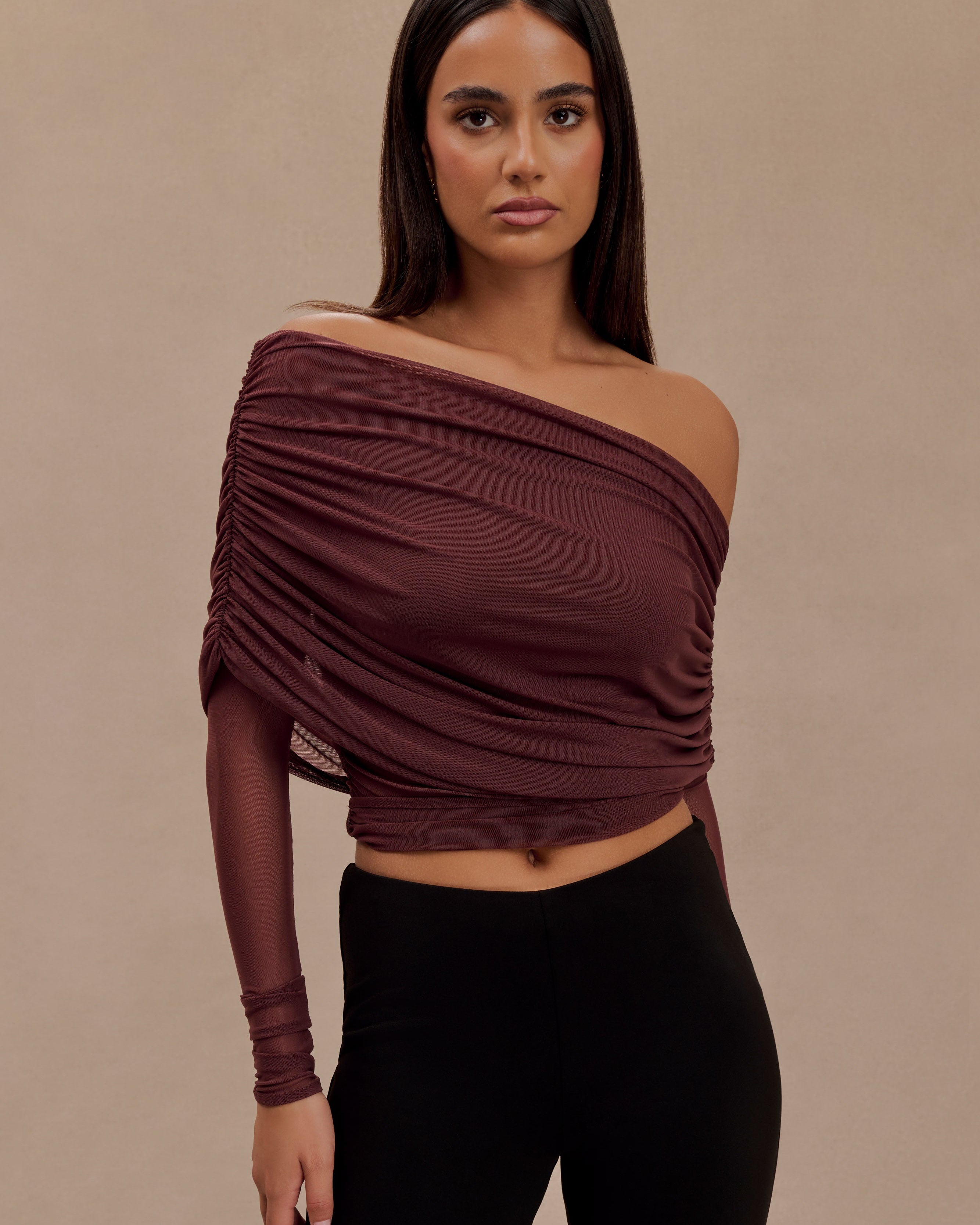 Everly Sheer Mesh Off Shoulder Top - Mahogany