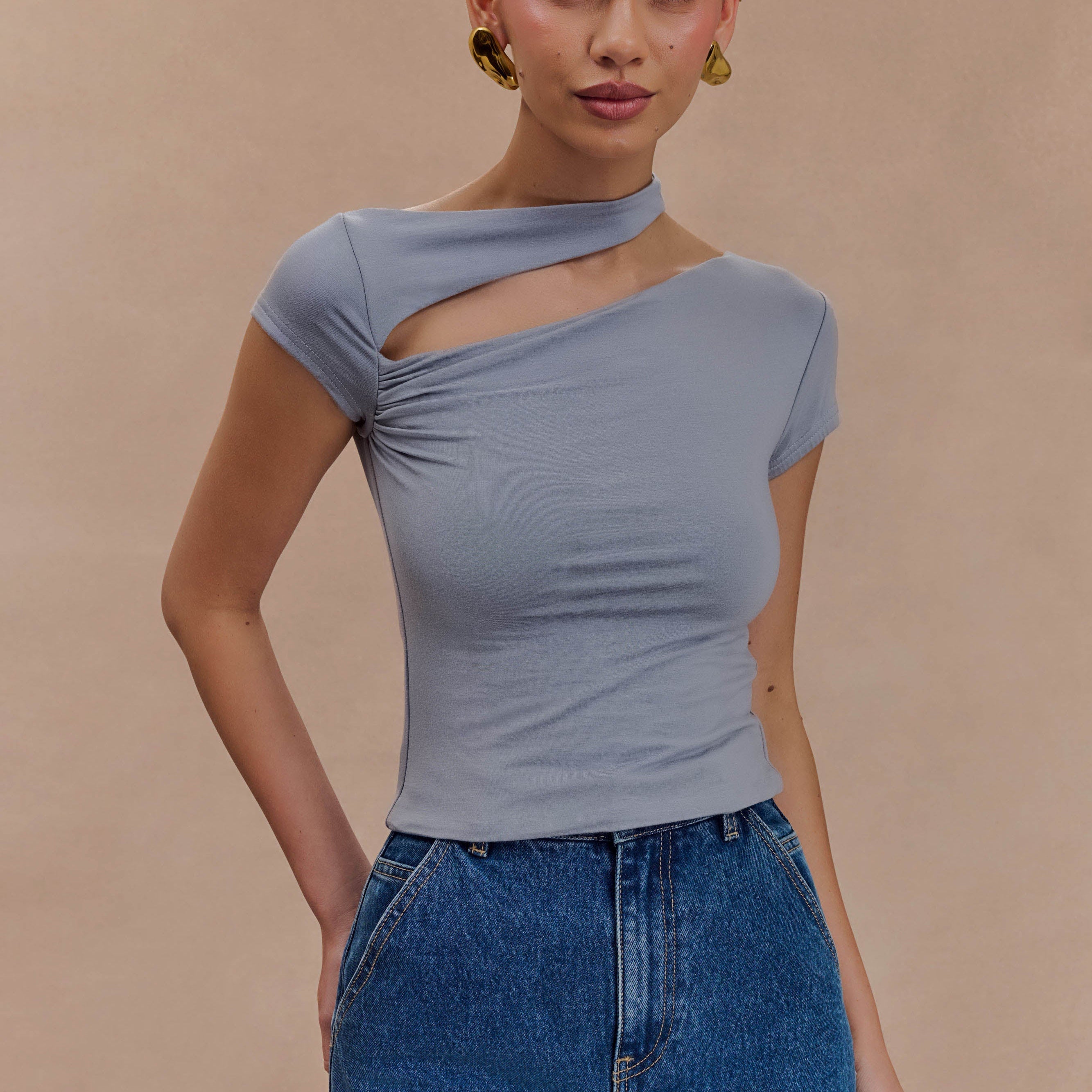 Aurelie Cut Out Short Sleeve Top - Slate Grey