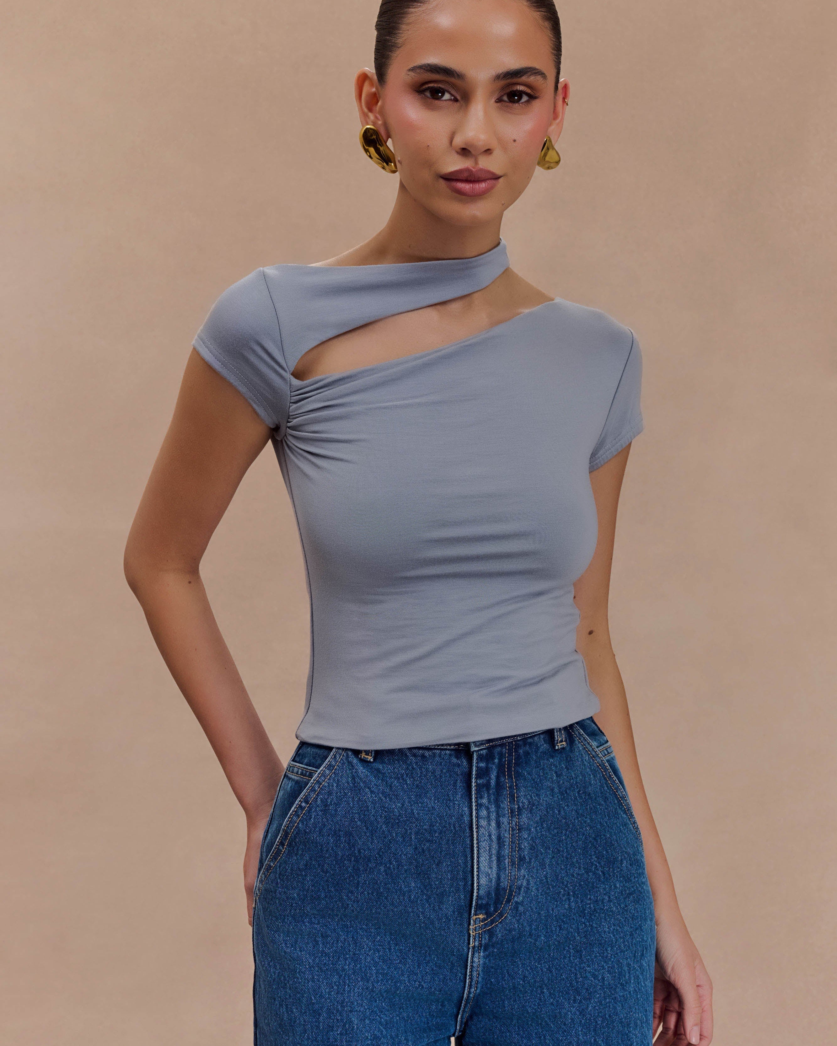 Aurelie Cut Out Short Sleeve Top - Slate Grey