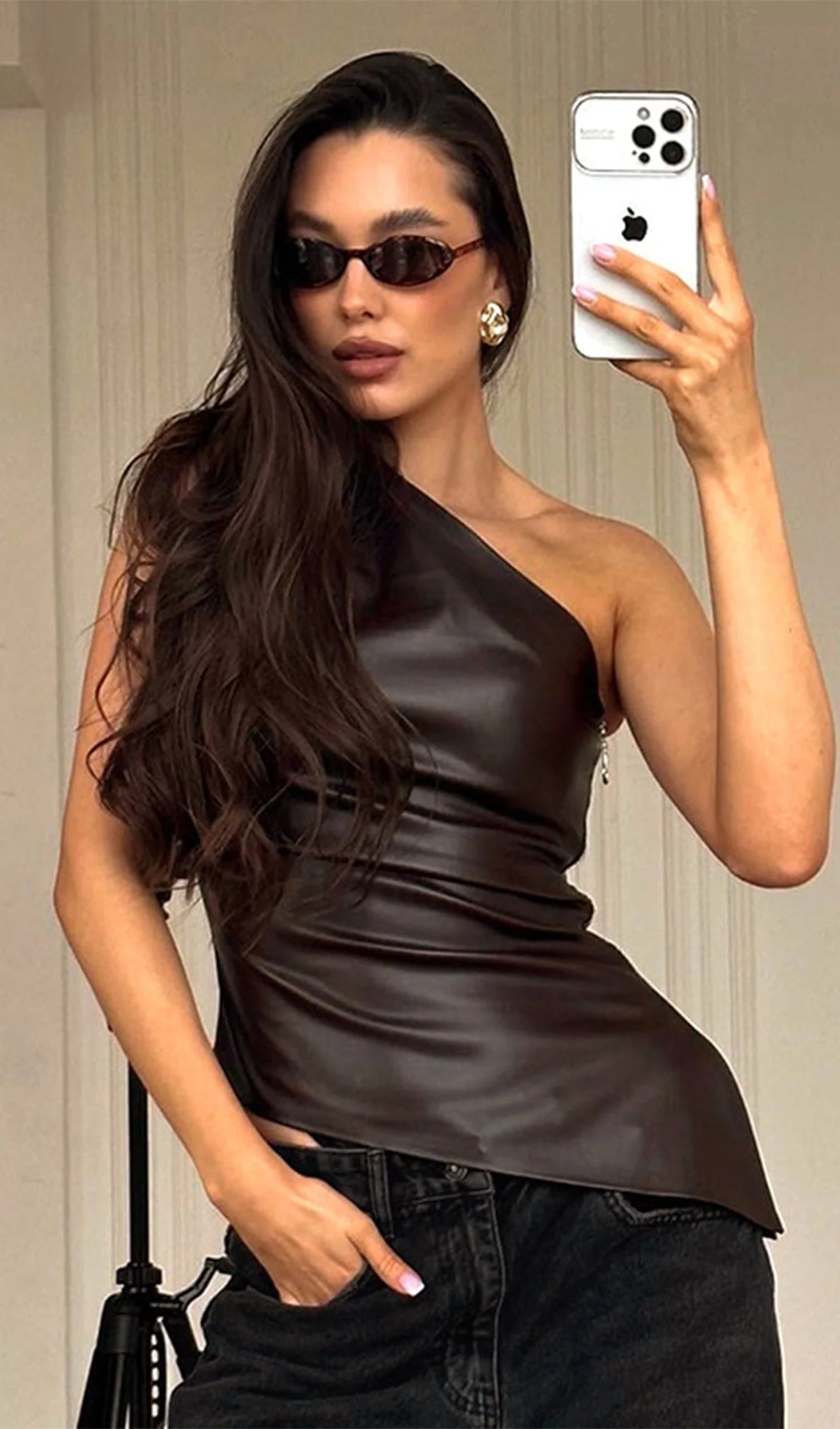 Sliess Asimetrik Kesim Deri Bluz