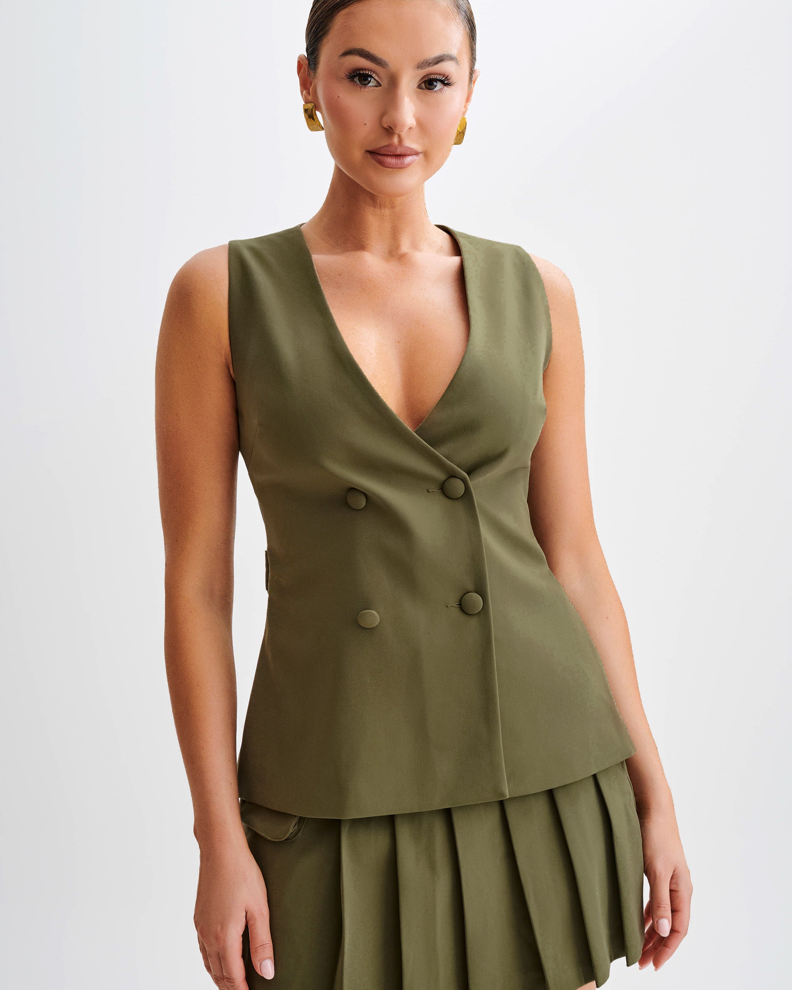 Amelie Suiting Longline Vest - Military Olive