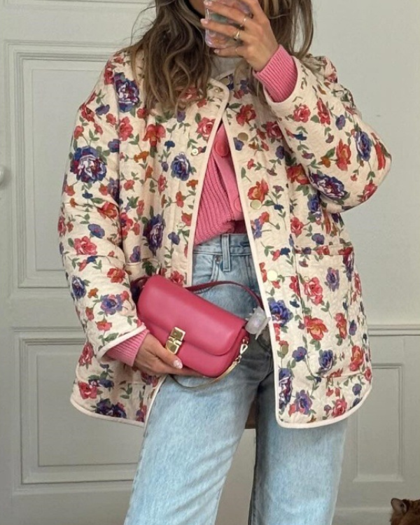 Çiçekli V Yaka Oversize Ceket