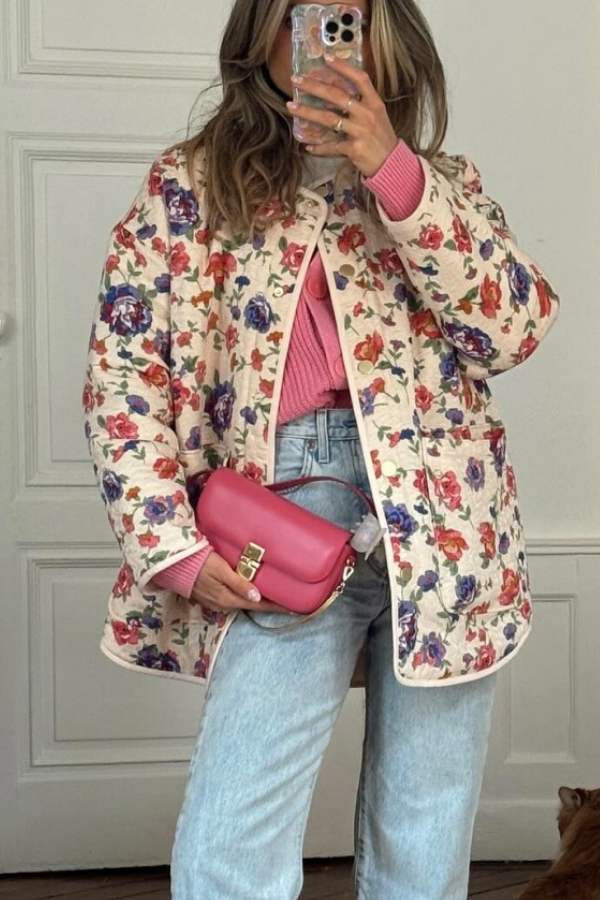 Çiçekli V Yaka Oversize Ceket