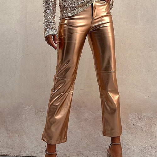 Metalik Suni Deri Düz Paça Crop Pantolon