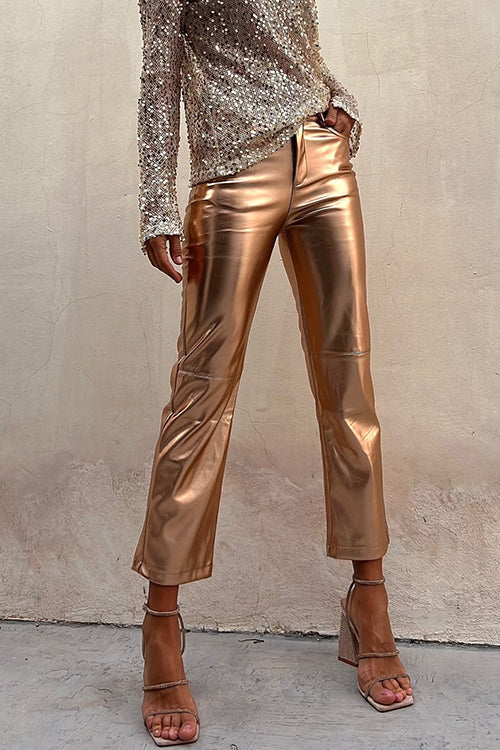 Metalik Suni Deri Düz Paça Crop Pantolon