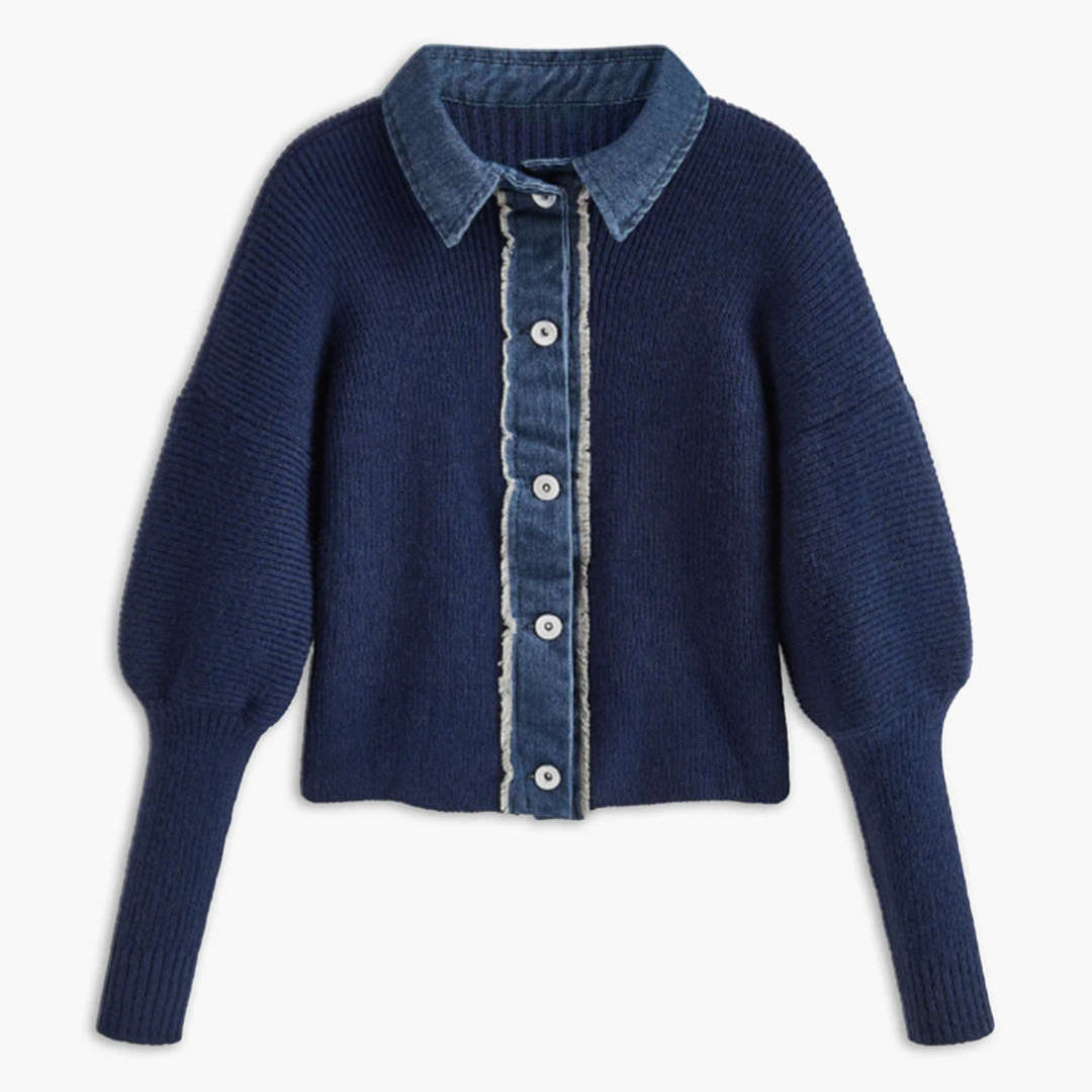 Denim Gömlek Yaka Düğmeli Kazak Hırka