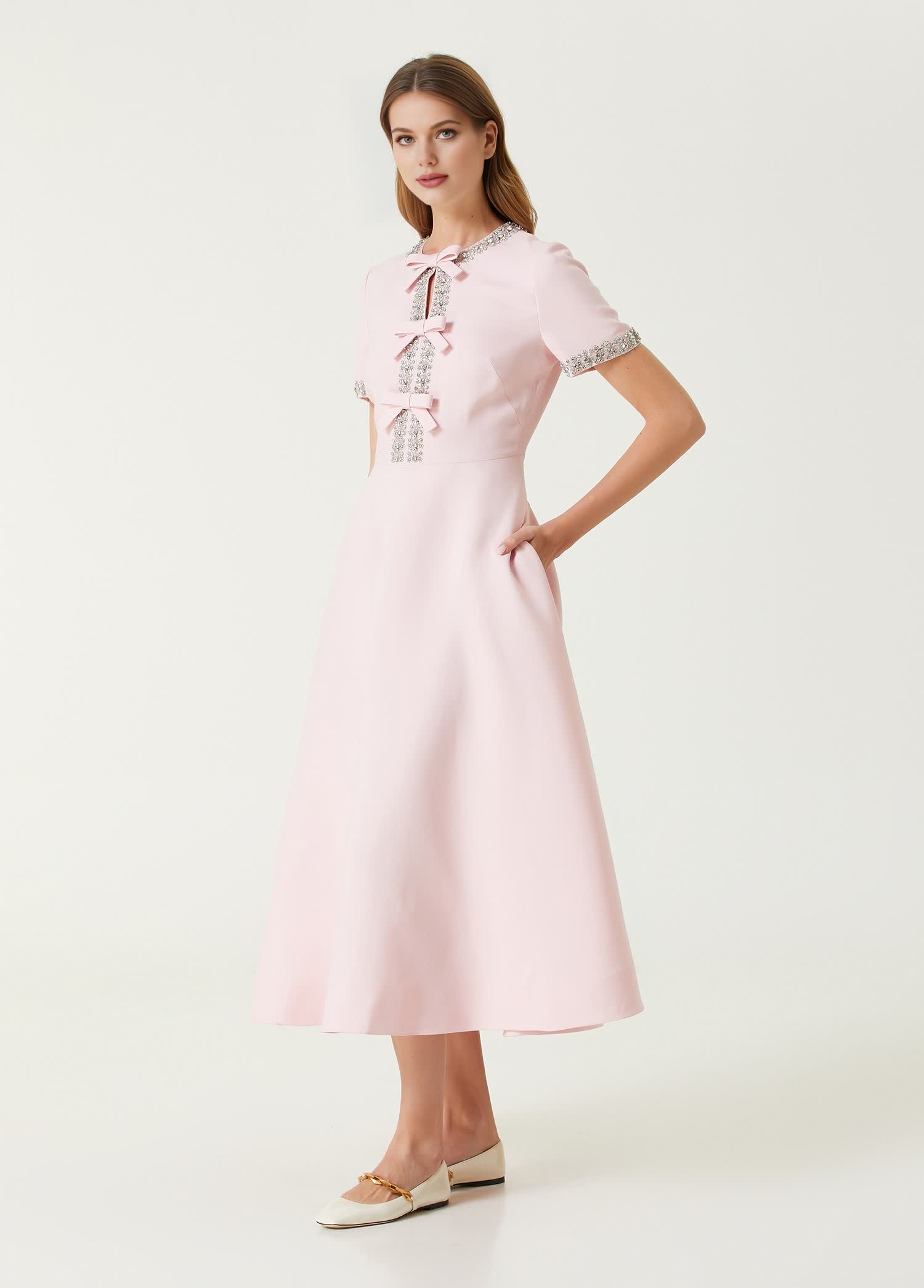 Zoe Fiyonklu Kristal İşlemeli Midi Elbise